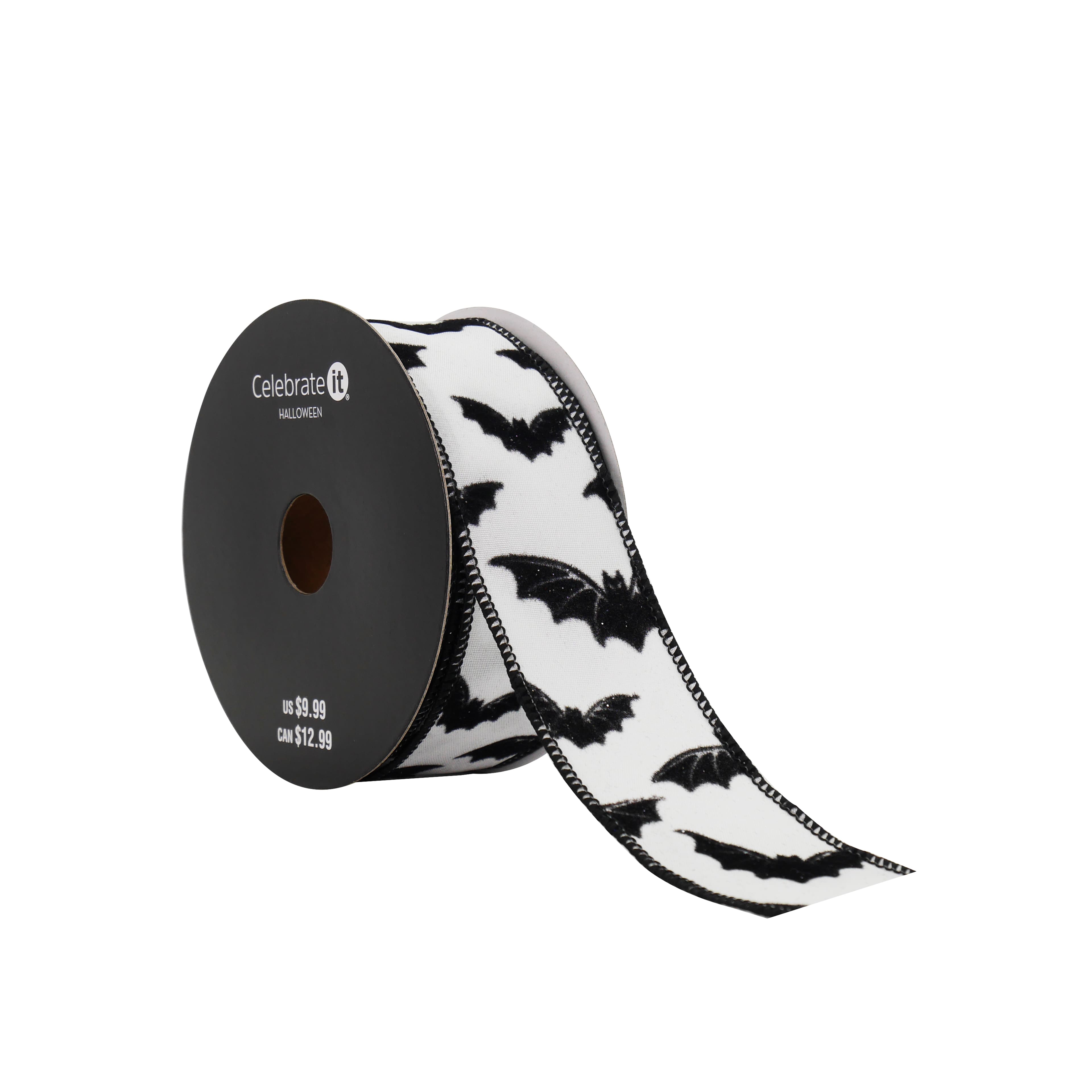 1.5&#x22; x 10yd. Black &#x26; White Bats Wired Taffeta Ribbon by Celebrate It&#xAE; Halloween