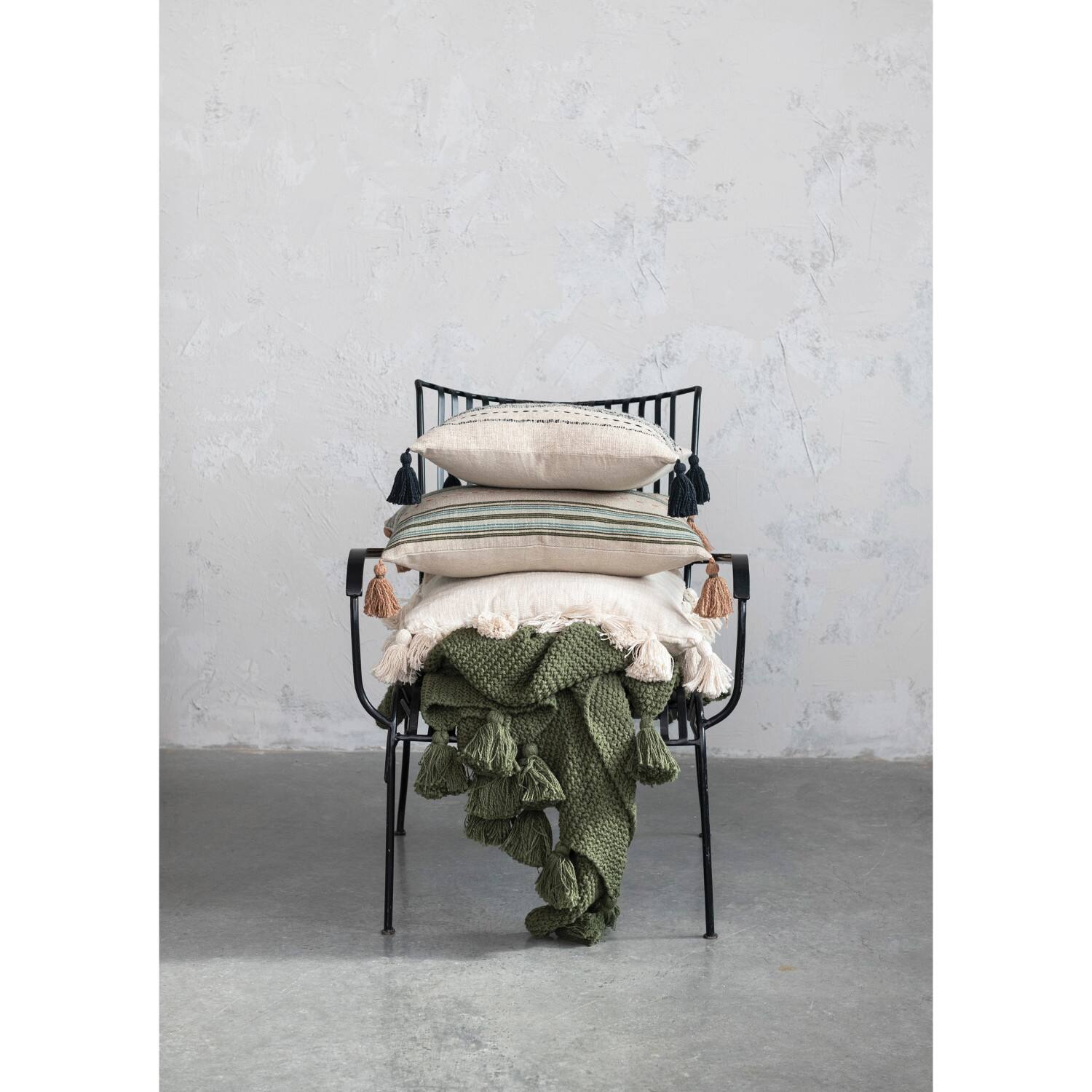 Hello Honey® Hand-Embroidered Stripes Cotton & Linen Blend Pillow with Tassels