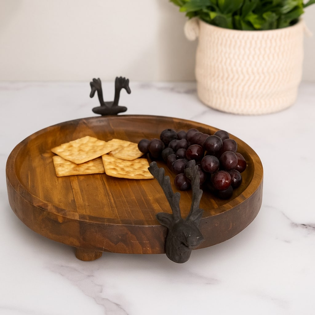 15&#x22; Round Wood Tray with Reindeer Handles by Ashland&#xAE;
