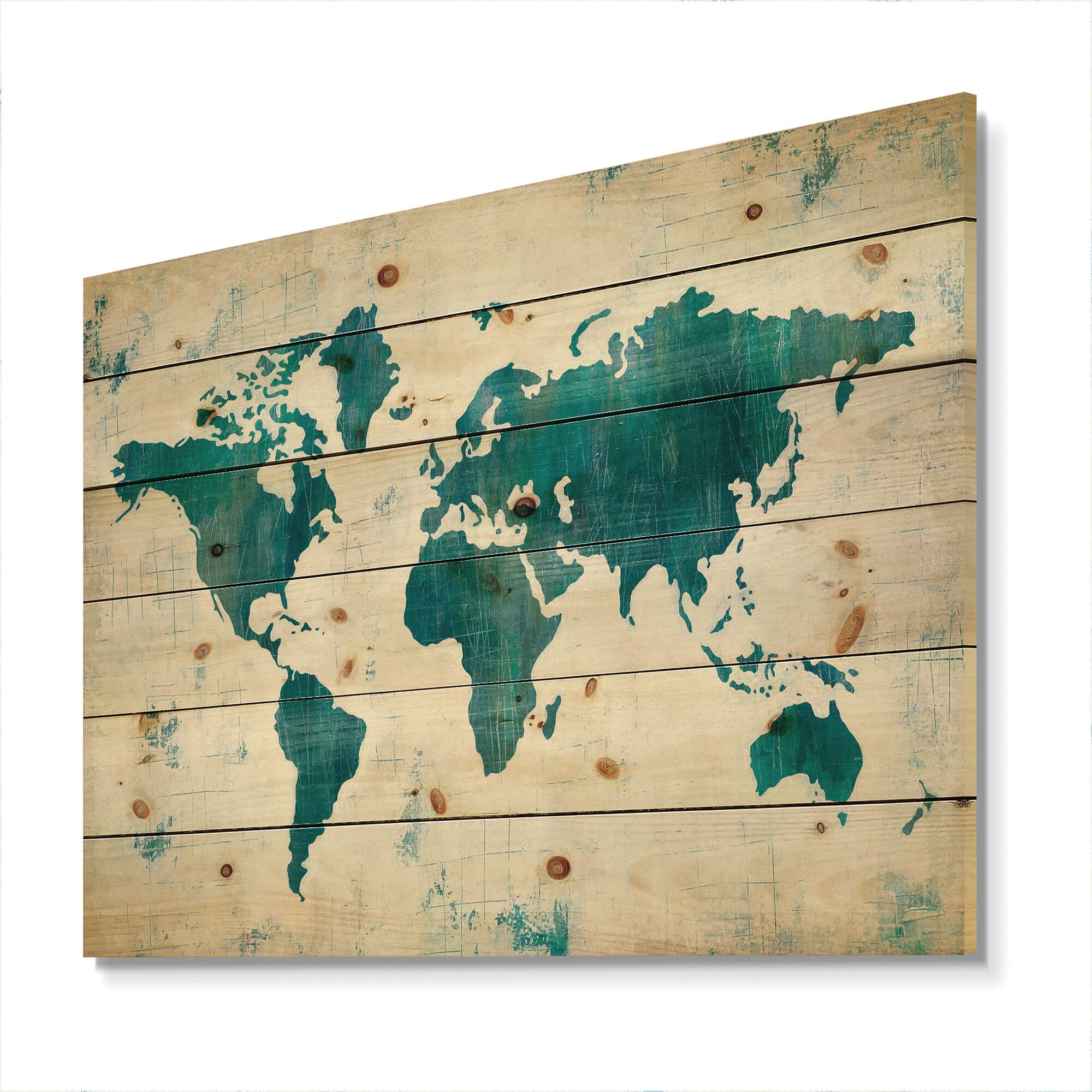 Designart - Discover the World Map in Blue - Traditional Print on Natural Pine Wood