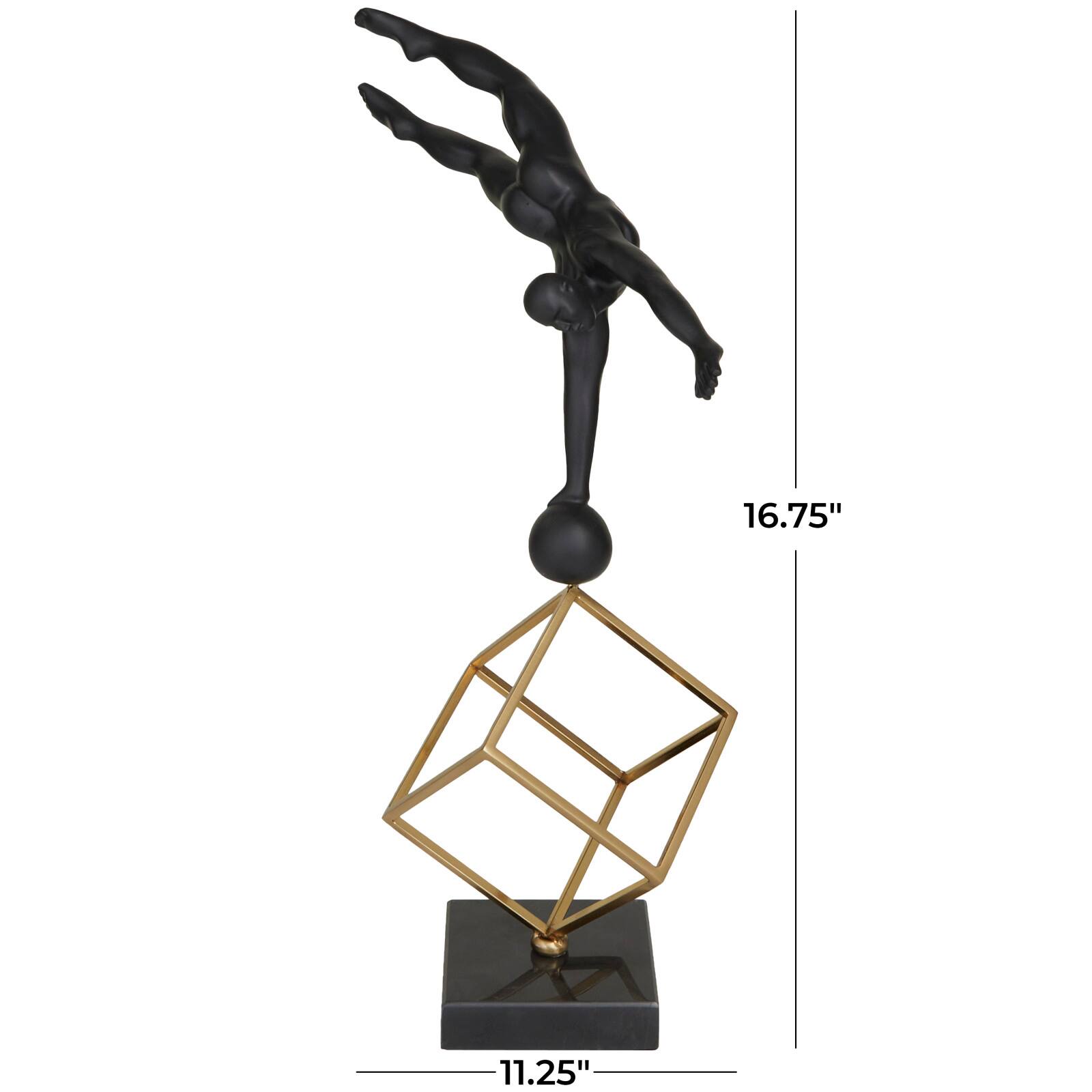 17" Black Marble Gymnast Sculpture with Gold Cube Base