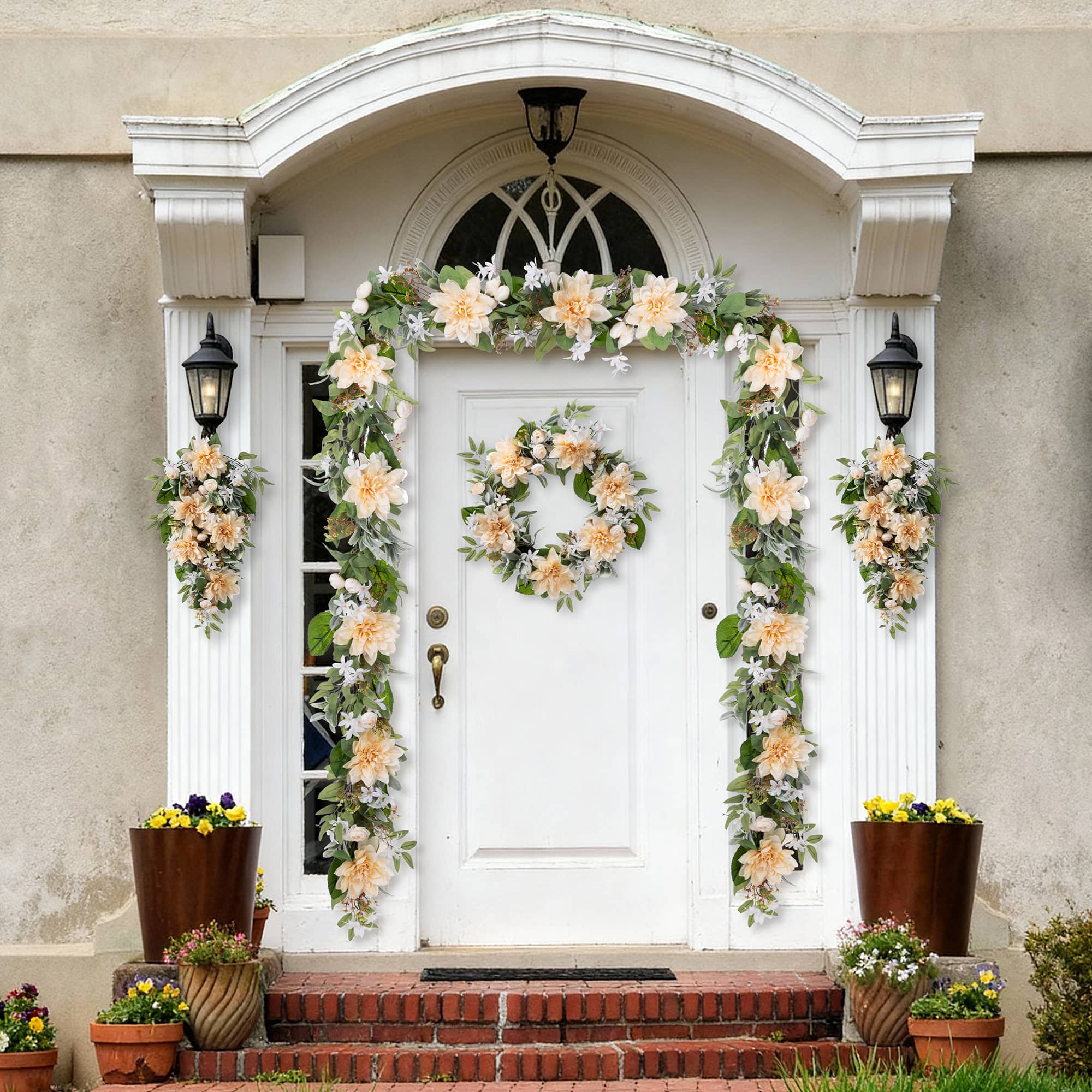 Glitzhome® 24" Peach Dahlia Floral Wreath with Black Metal Hanger