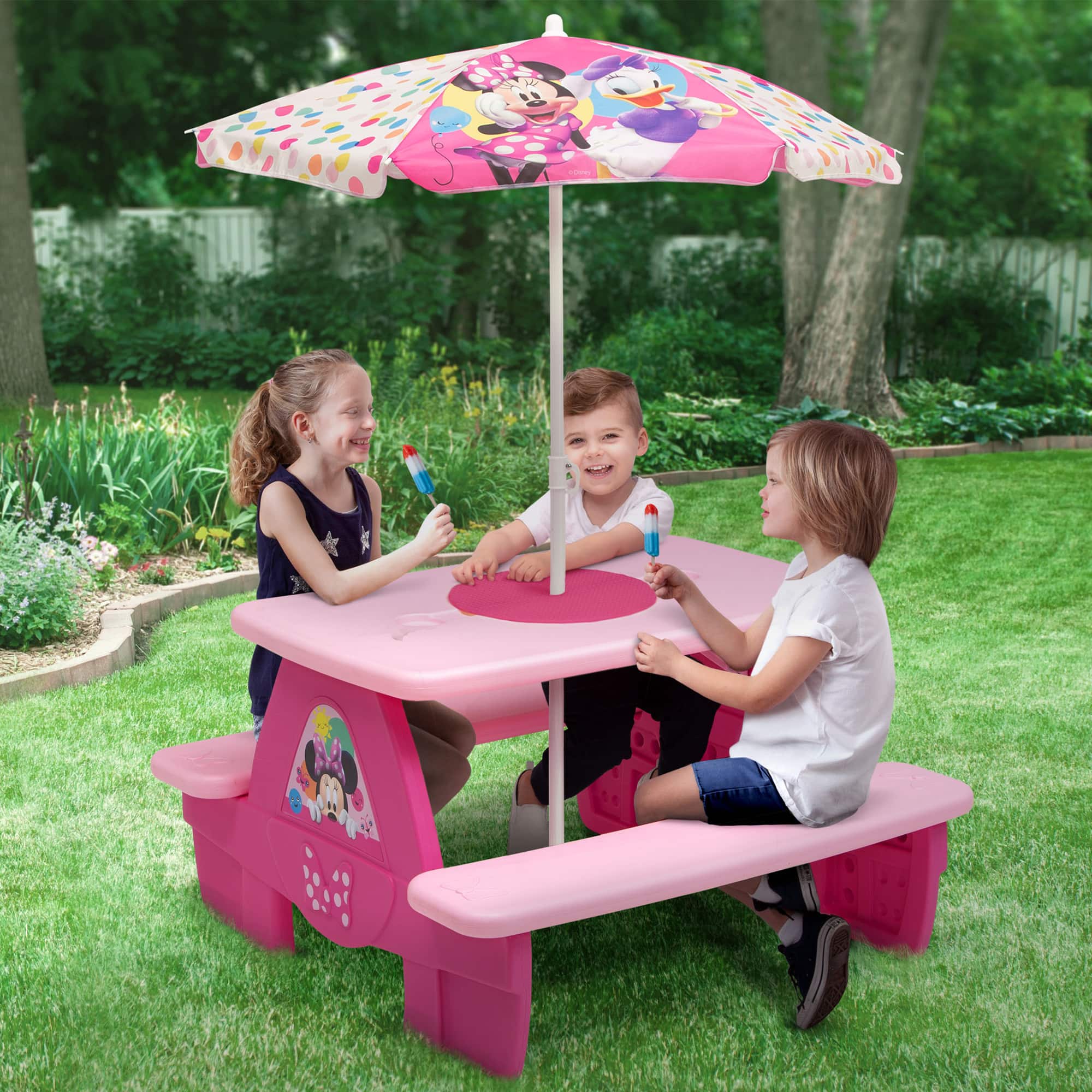 Disney® Minnie Mouse 4 Seat Activity Picnic Table with Umbrella & LEGO Compatible Tabletop