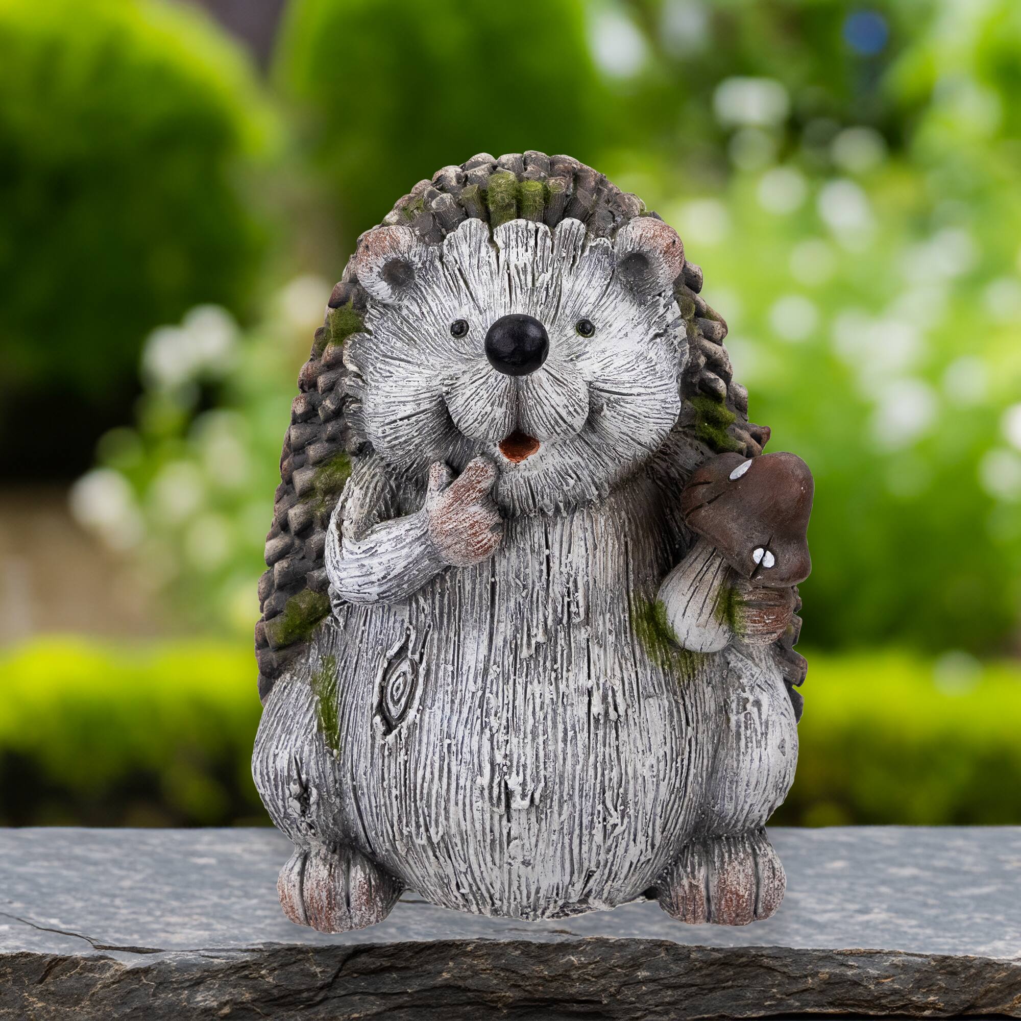 8.5" Hedgehog with Mushroom Outdoor Garden Statue