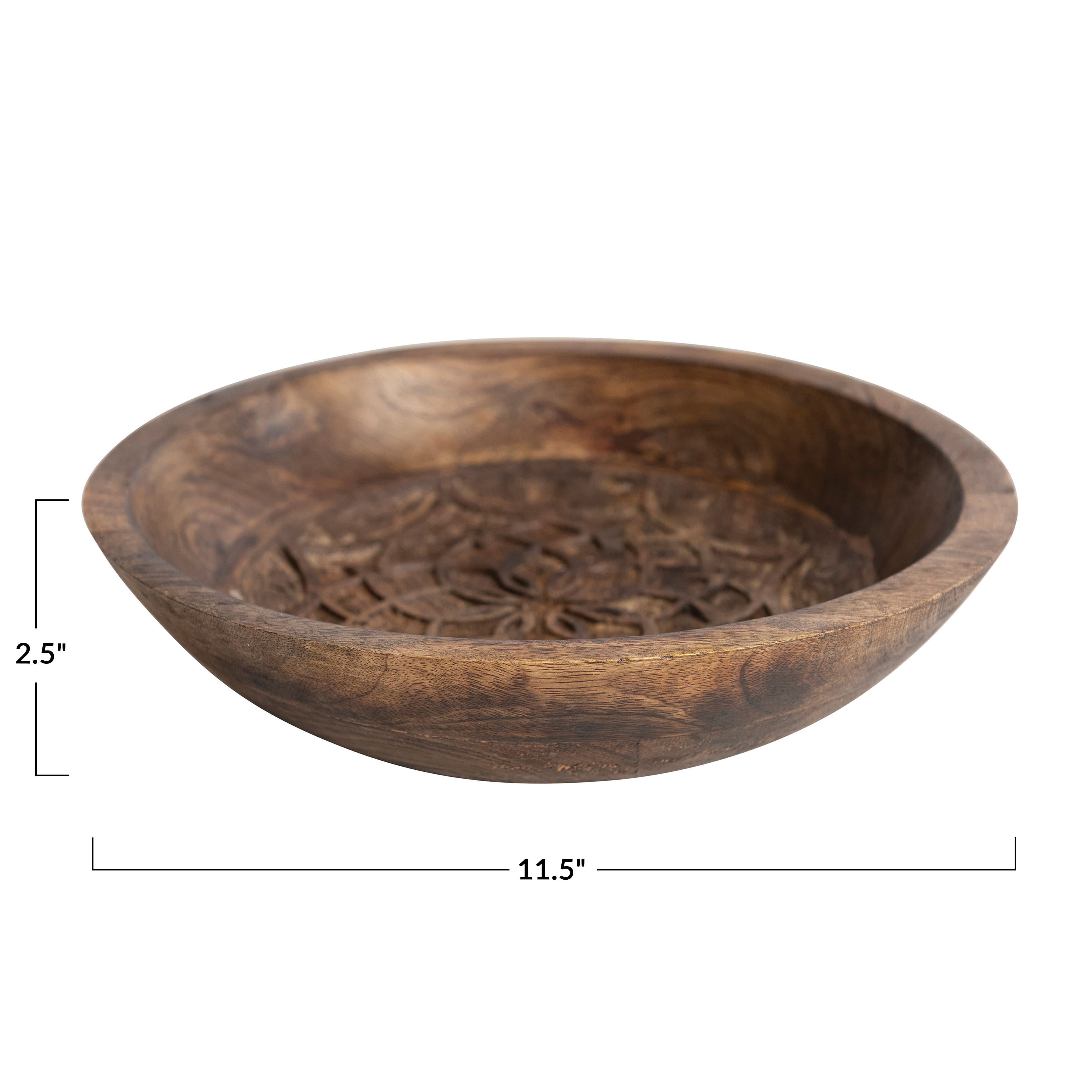 11.5&#x22; Natural Boho Carved Wood Bowl with Floral Designs