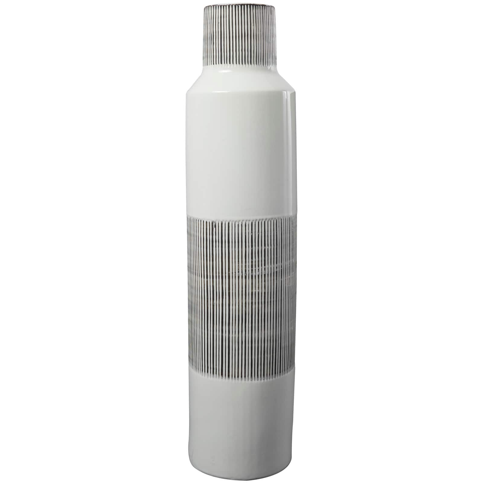 Glossy White Ceramic Vase with Vertical Stripes