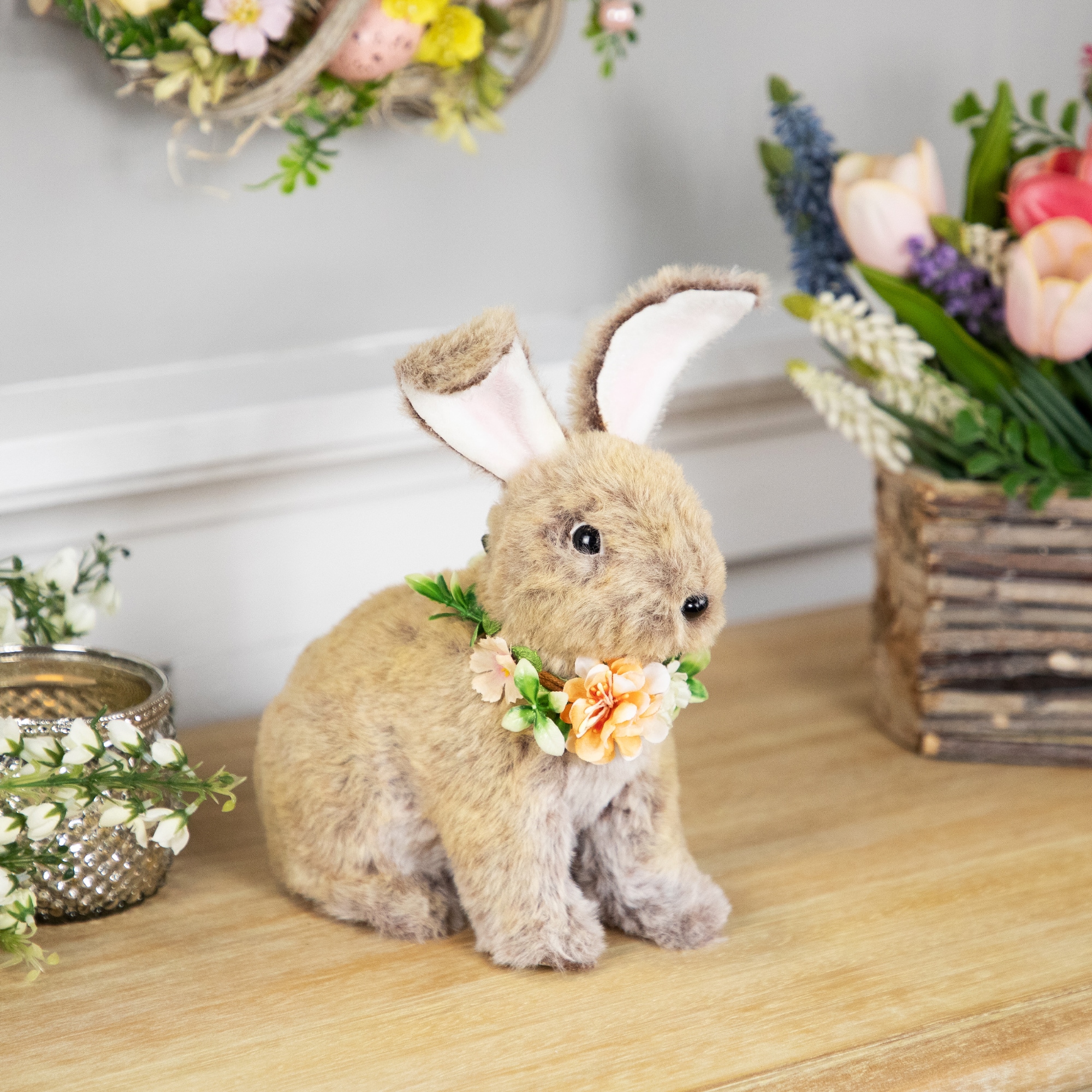 8.5&#x22; Plush Rabbit with Flower Wreath Easter Figurine