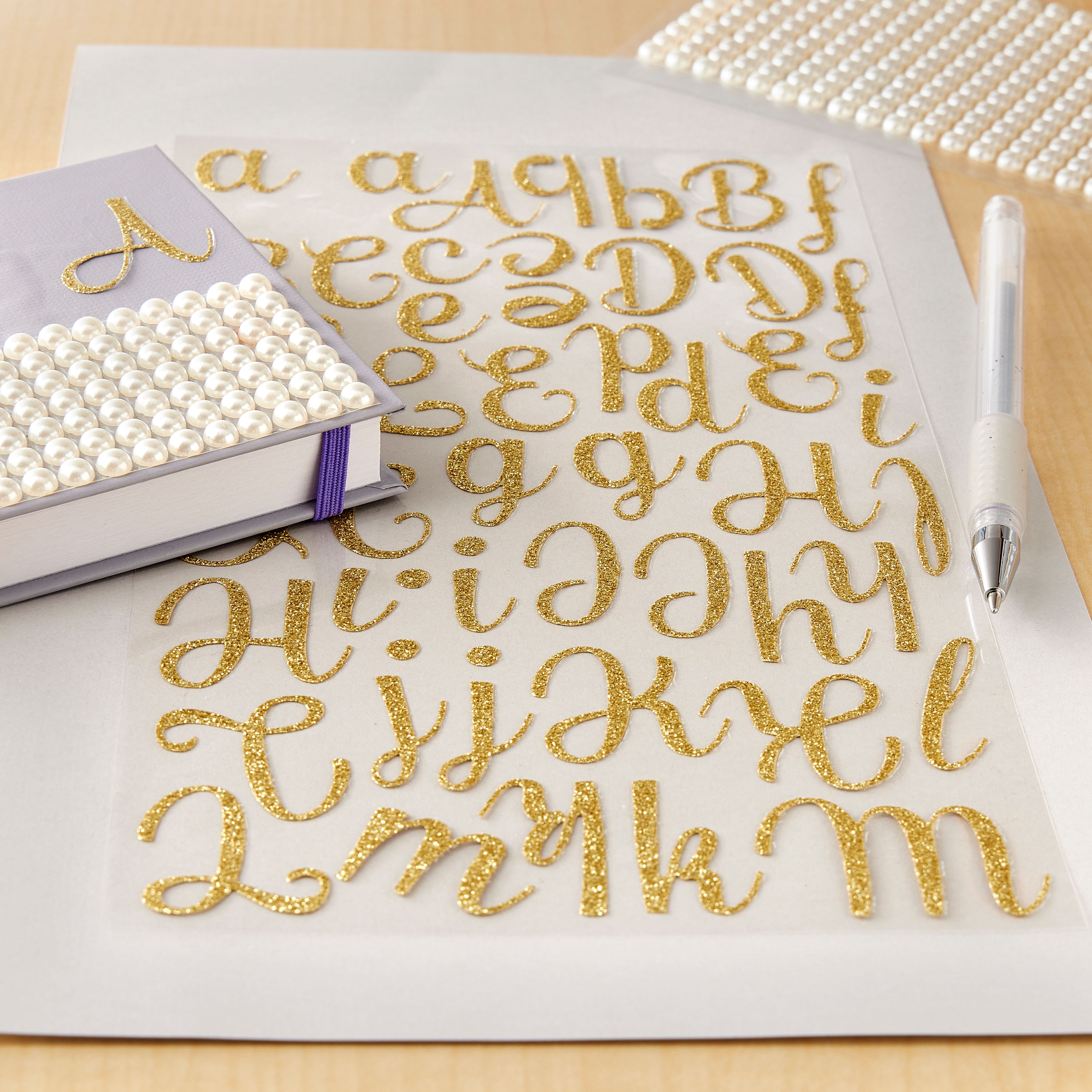 12 Pack: Gold Glitter Script Alphabet Stickers by Recollections&#x2122;