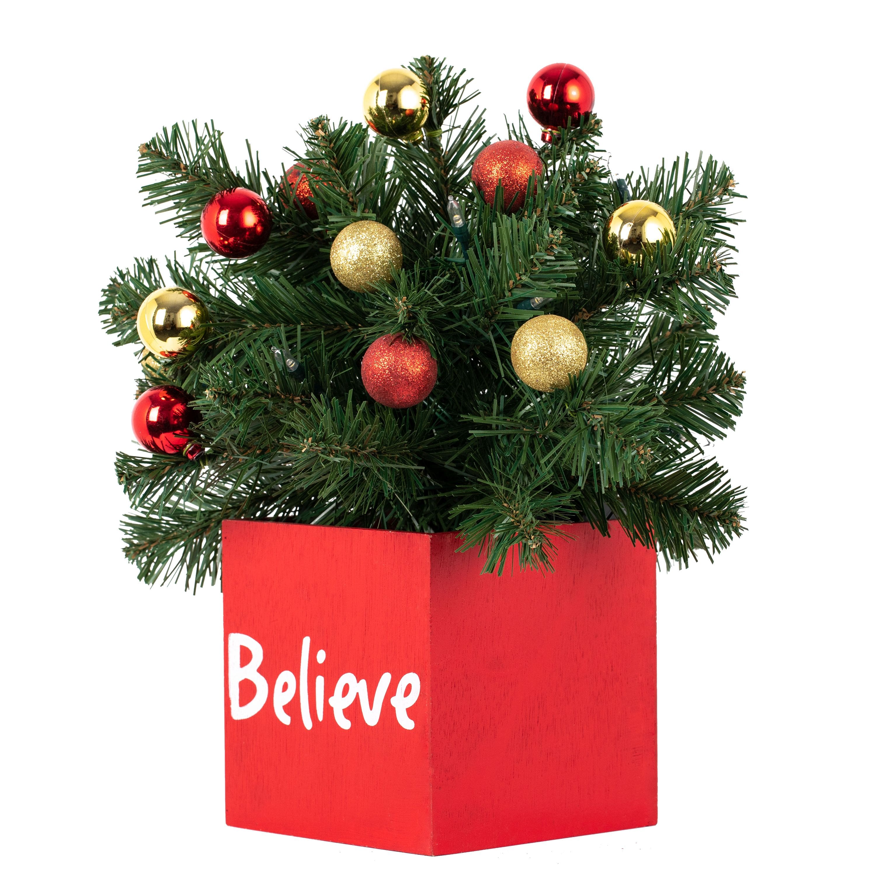 14" LED Believe Classic Greenery In Red Wood Container