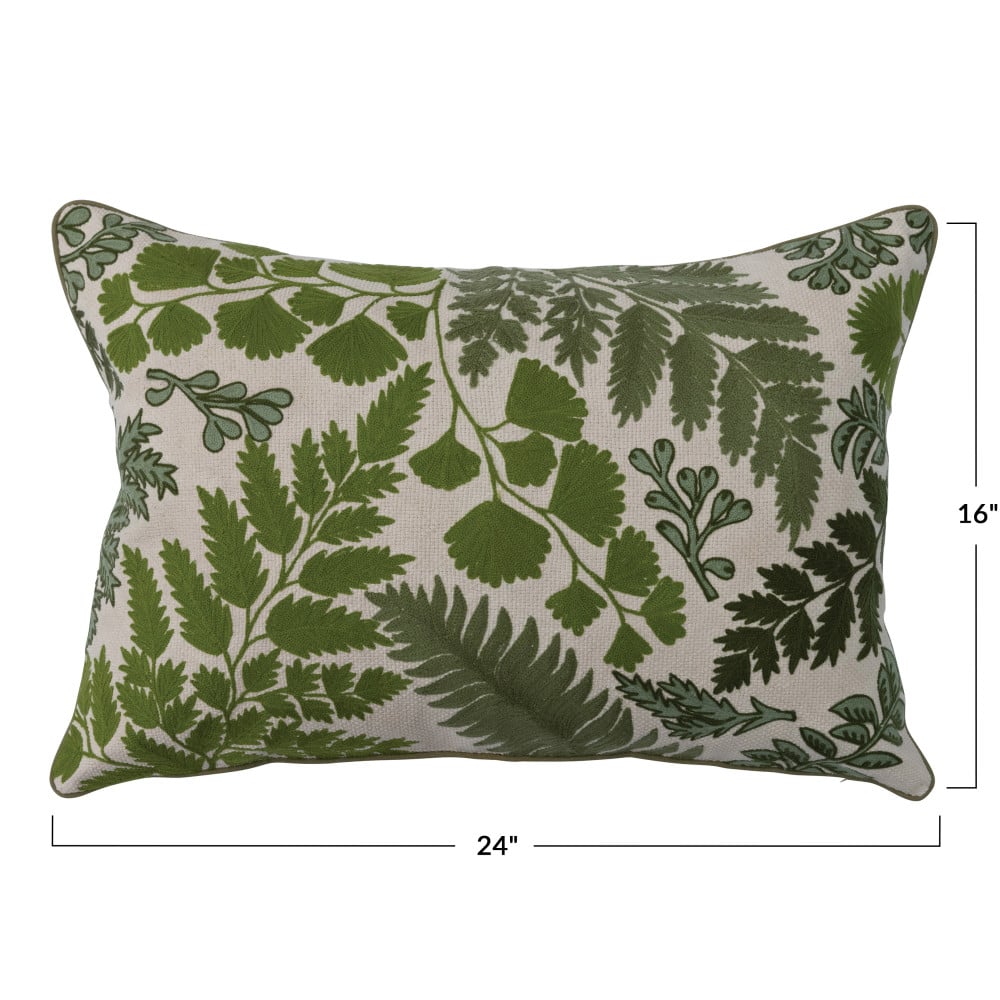 Hello Honey&#xAE; Green and White Cotton Embroidered Lumbar Pillow Cover with Botanicals