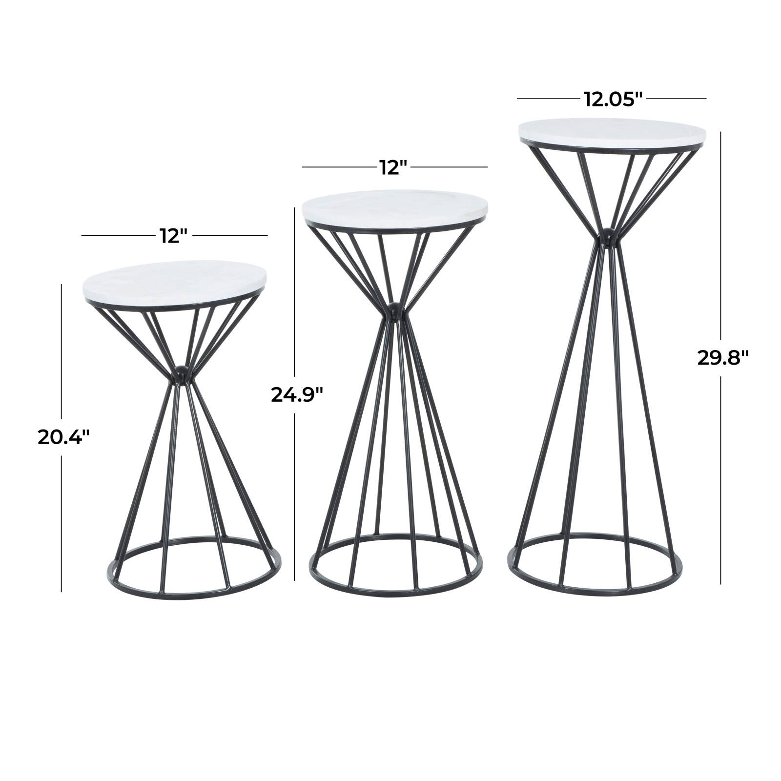 Black Metal Geometric Cone Shaped Rod Plant Stand with Marble Tabletop Set