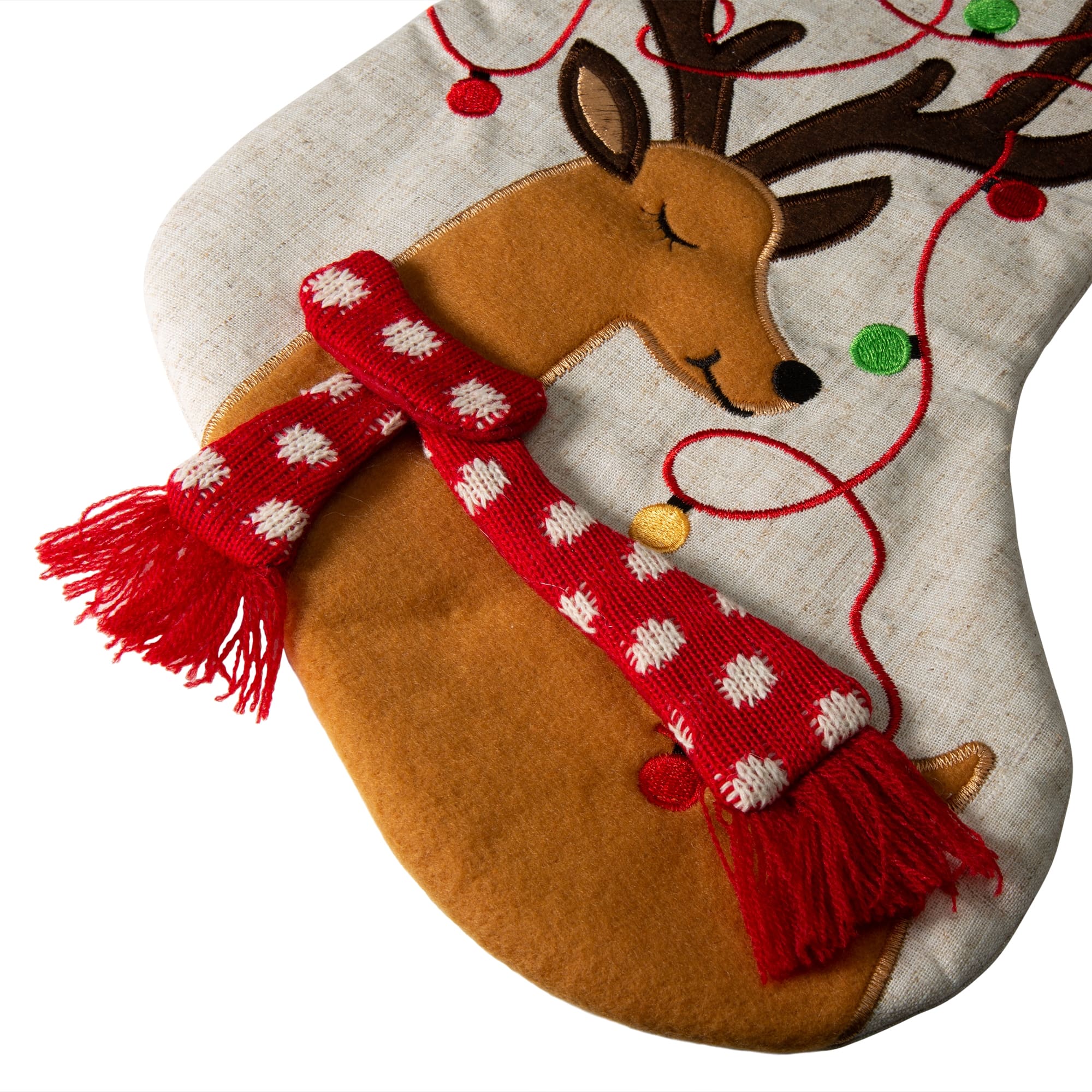 Glitzhome&#xAE; 21&#x22; LED Embroidered Reindeer Linen Christmas Stocking