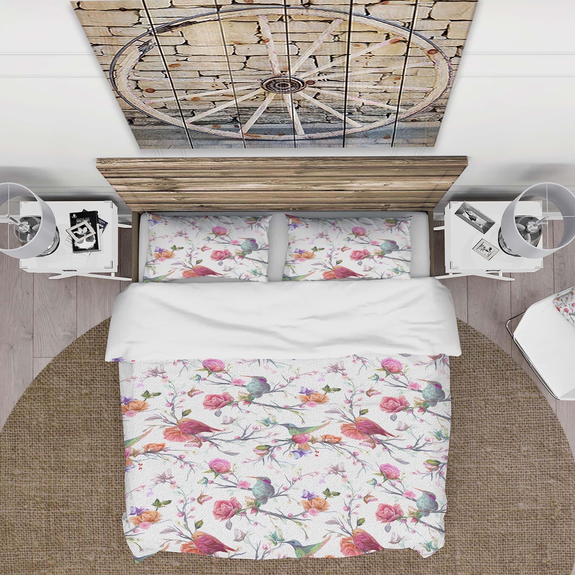 Designart &#x27;Vintage Pattern: Bird, Flowers, Leaves&#x27; Farmhouse Bedding Set - Duvet Cover &#x26; Shams