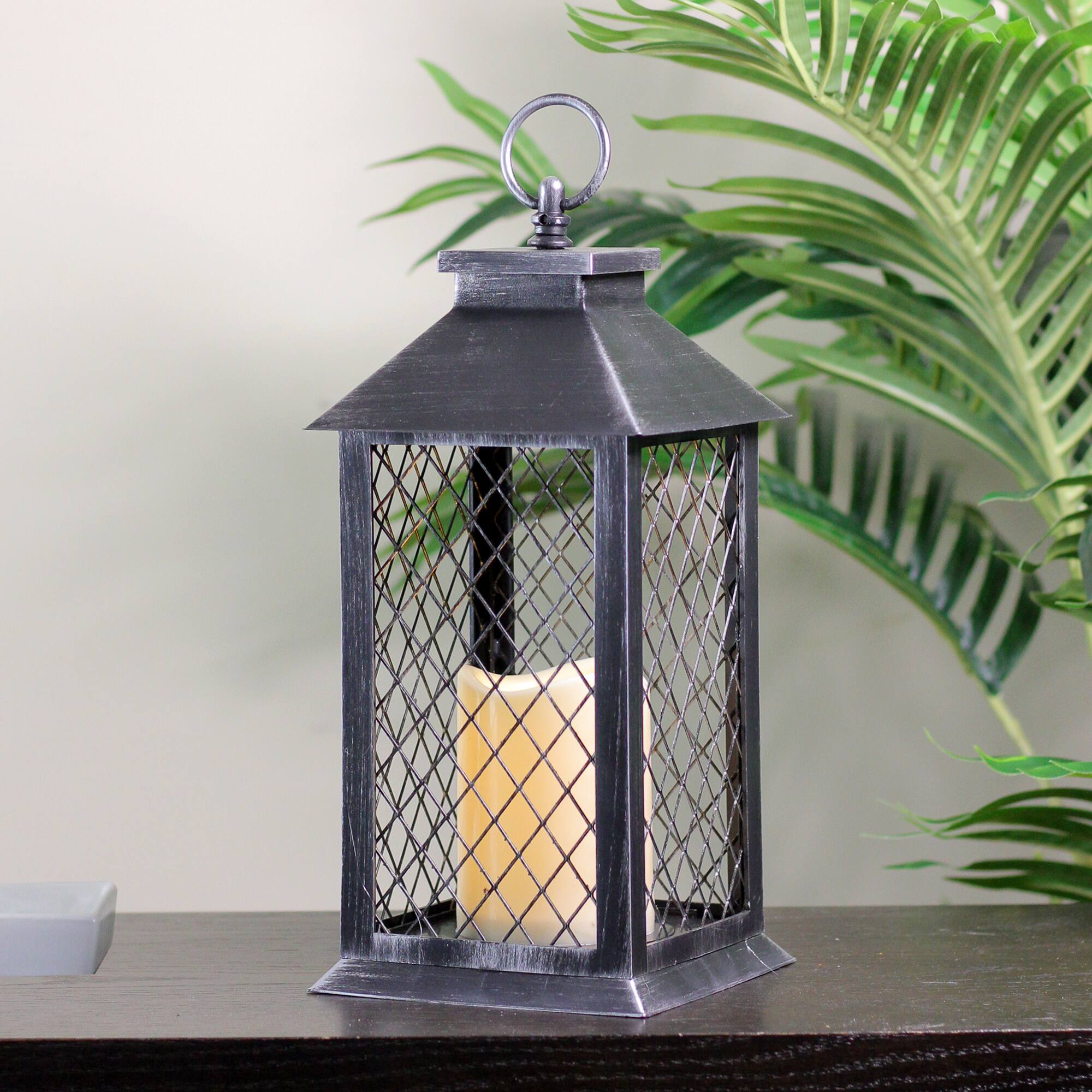 11&#x22; Silver Brushed Black Mesh Lantern with Flameless LED Candle