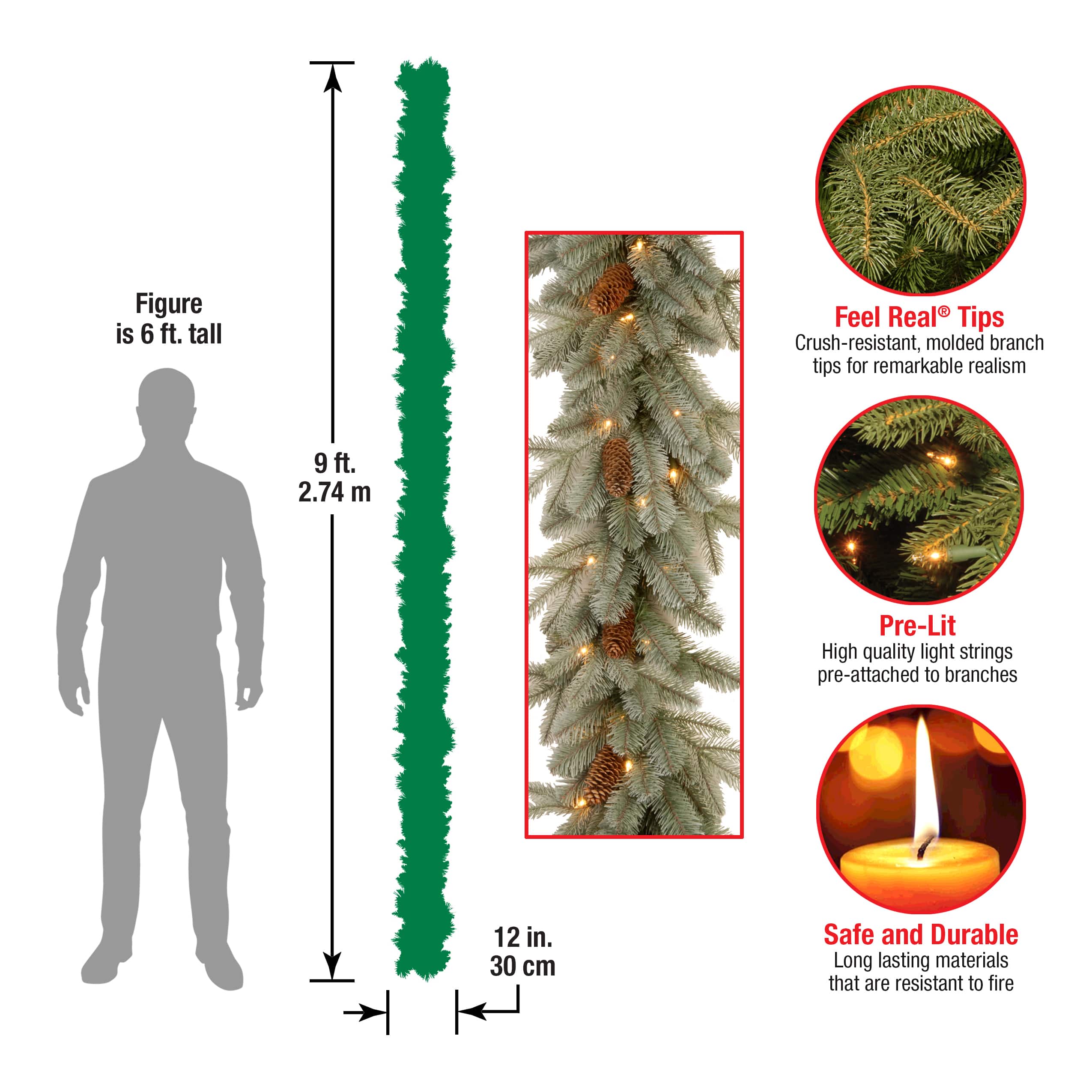 9' x 12" Pre-lit Feel Real® Frosted Artic Spruce Artificial Christmas Garland with Cones & 50 Clear Lights