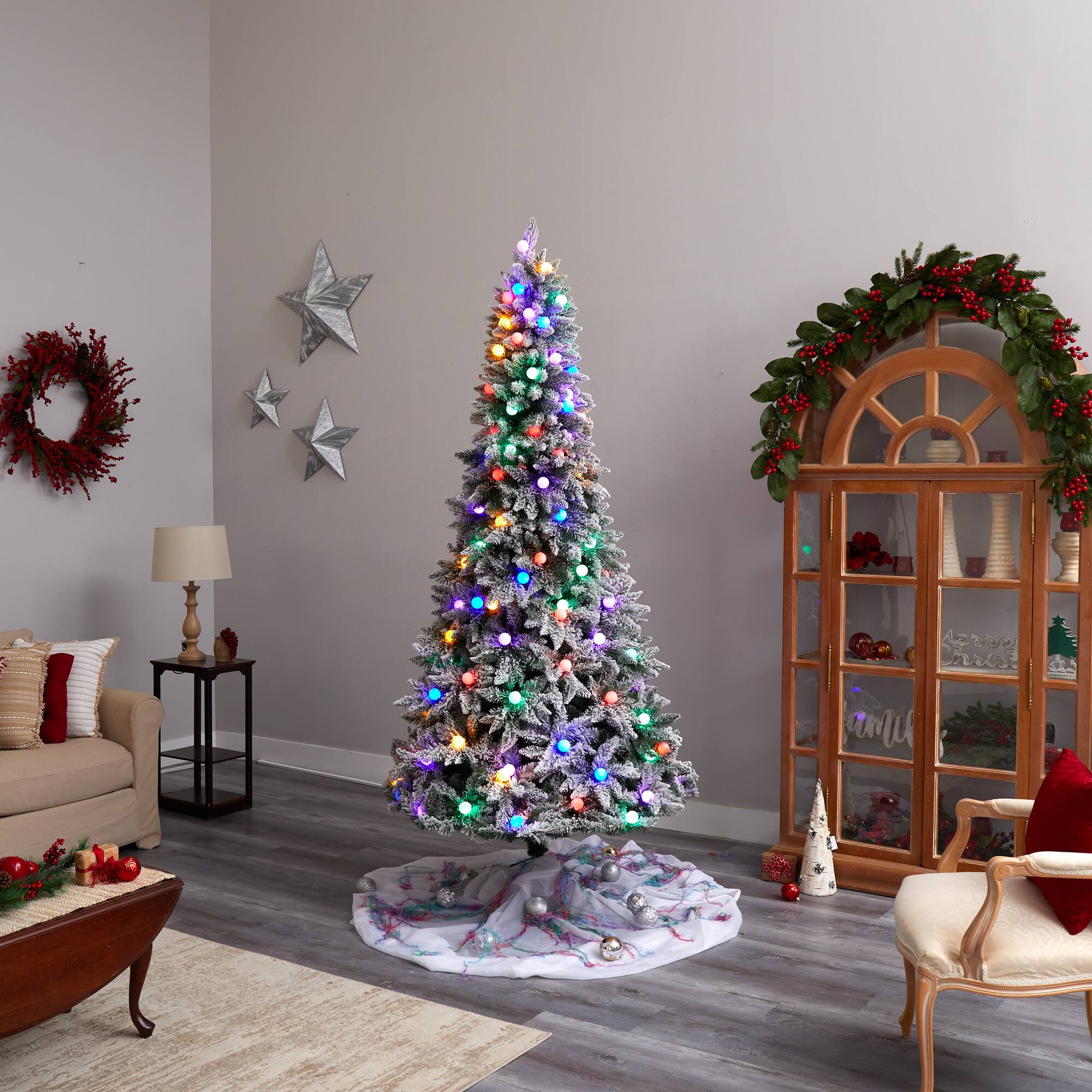 8.5ft. Pre-Lit Flocked British Columbia Mountain Fir Artificial Christmas Tree, Multicolor Globe Bulbs