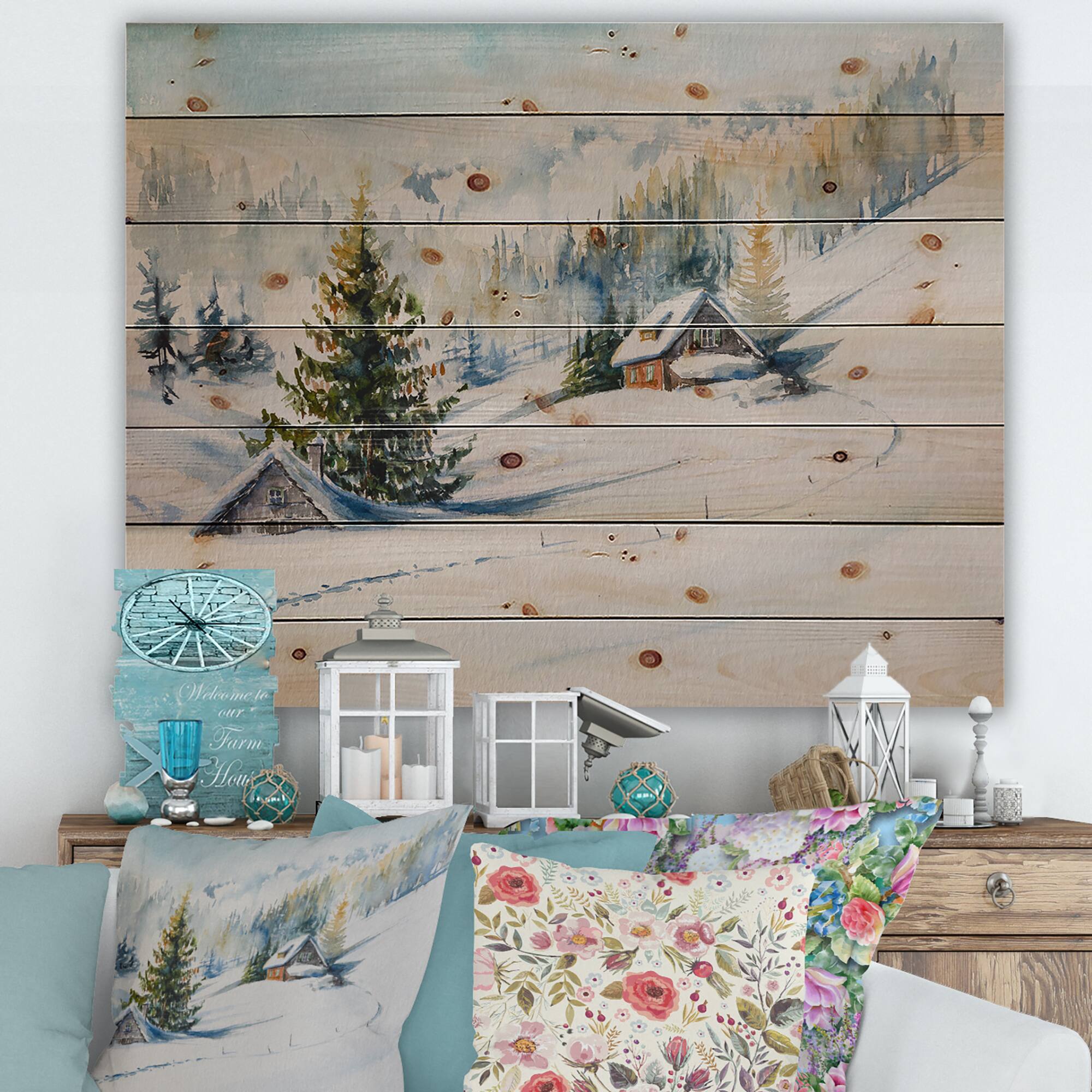 Designart - Little House In The Winter Mountains - Traditional Print on Natural Pine Wood