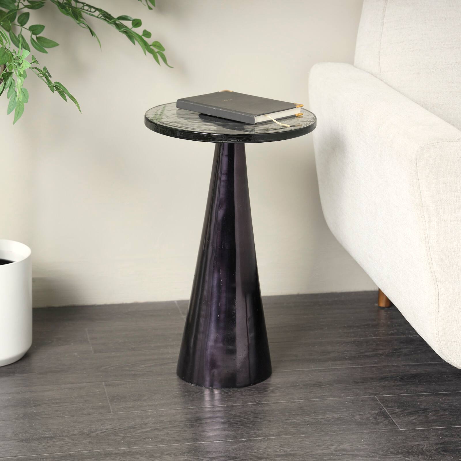 22&#x22; Black Aluminum Geometric Cone Accent Table with Textured Glass Tabletop