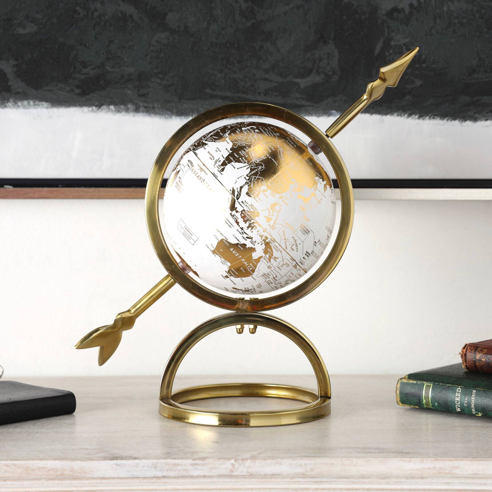 White & Gold Aluminum Tabletop Globe in Arrow Stand