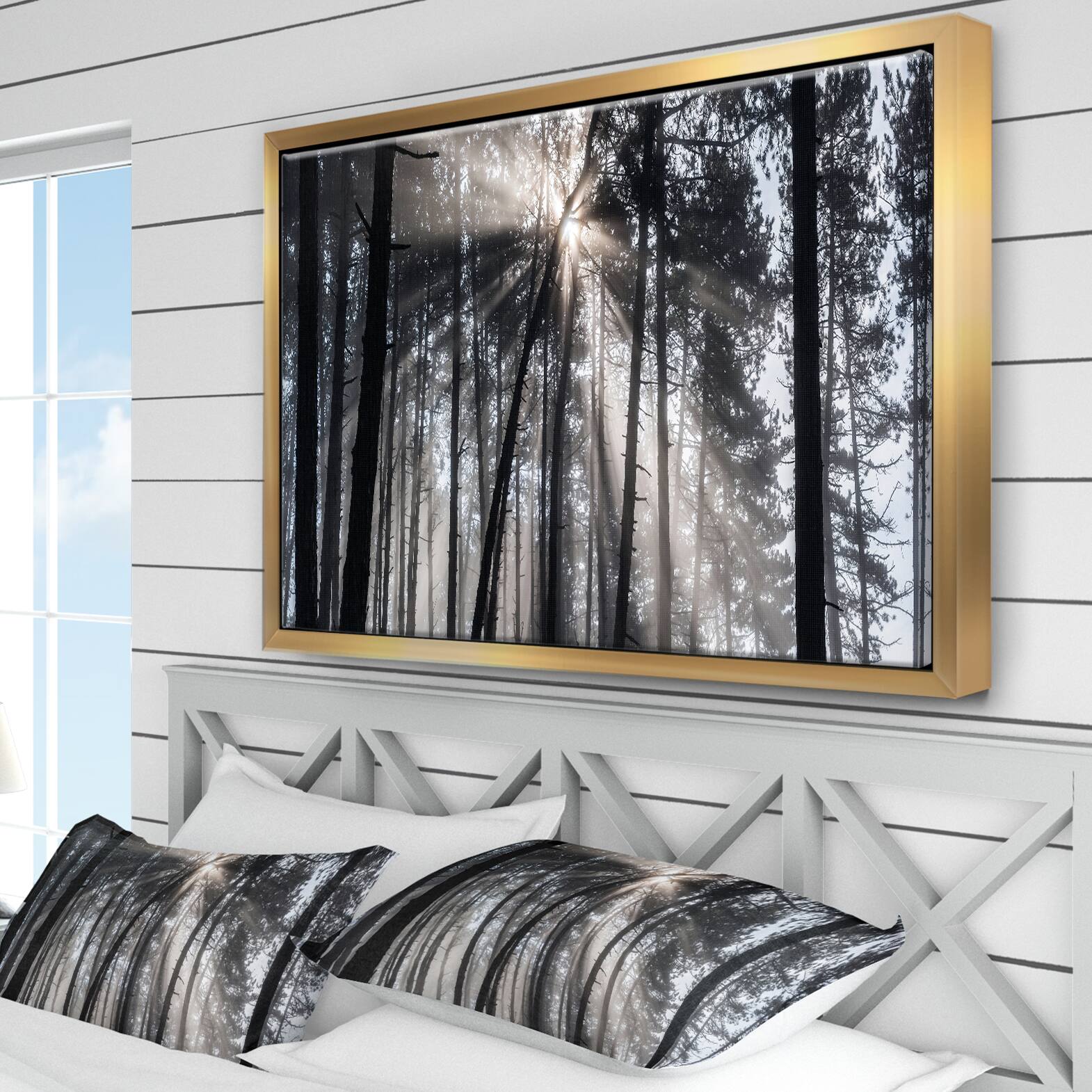Designart - Sunbeams through Black White Forest - Forest Framed Canvas Wall Art Print
