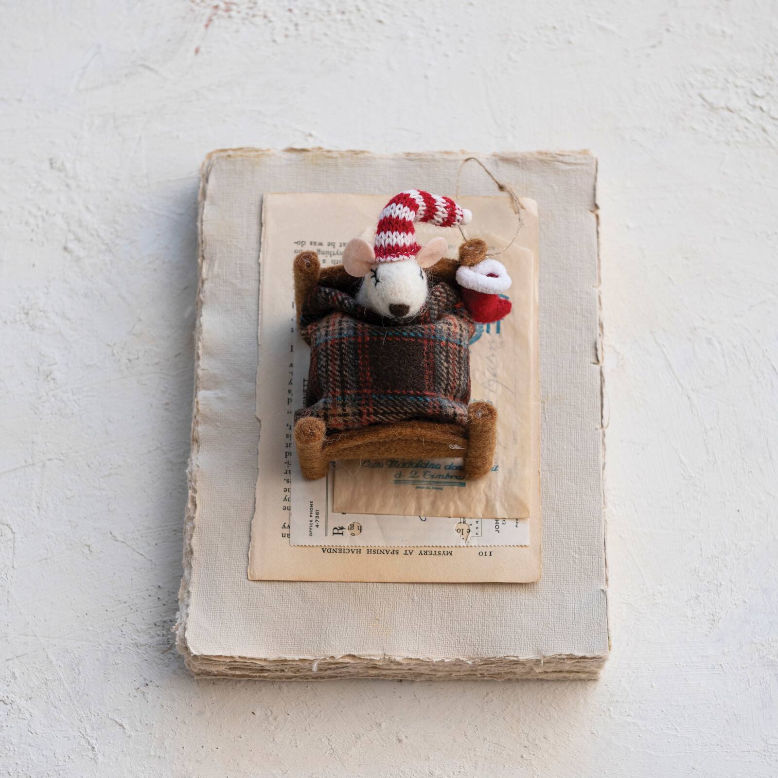 Hello Honey&#xAE; 6.25&#x22; Handmade Wool Felt Mouse in Bed Ornament with Hat &#x26; Stocking