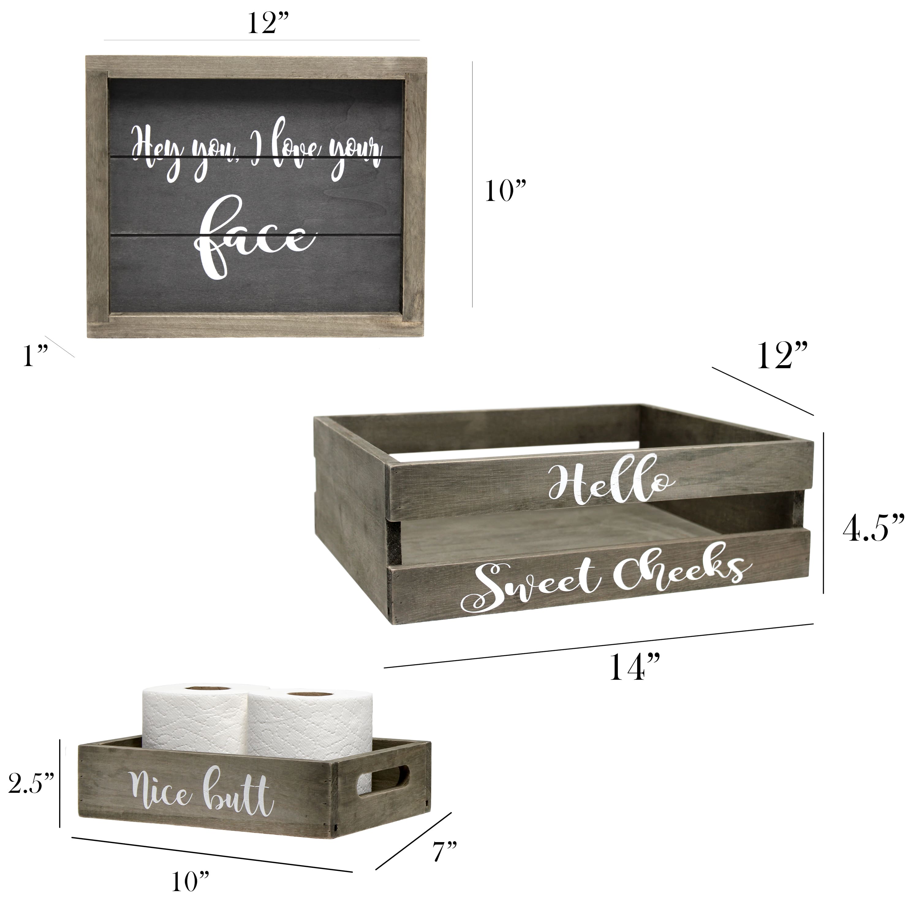 Elegant Designs Small Rustic Gray Cheeky Towel Holder, Frame & Toilet Paper Holder Set