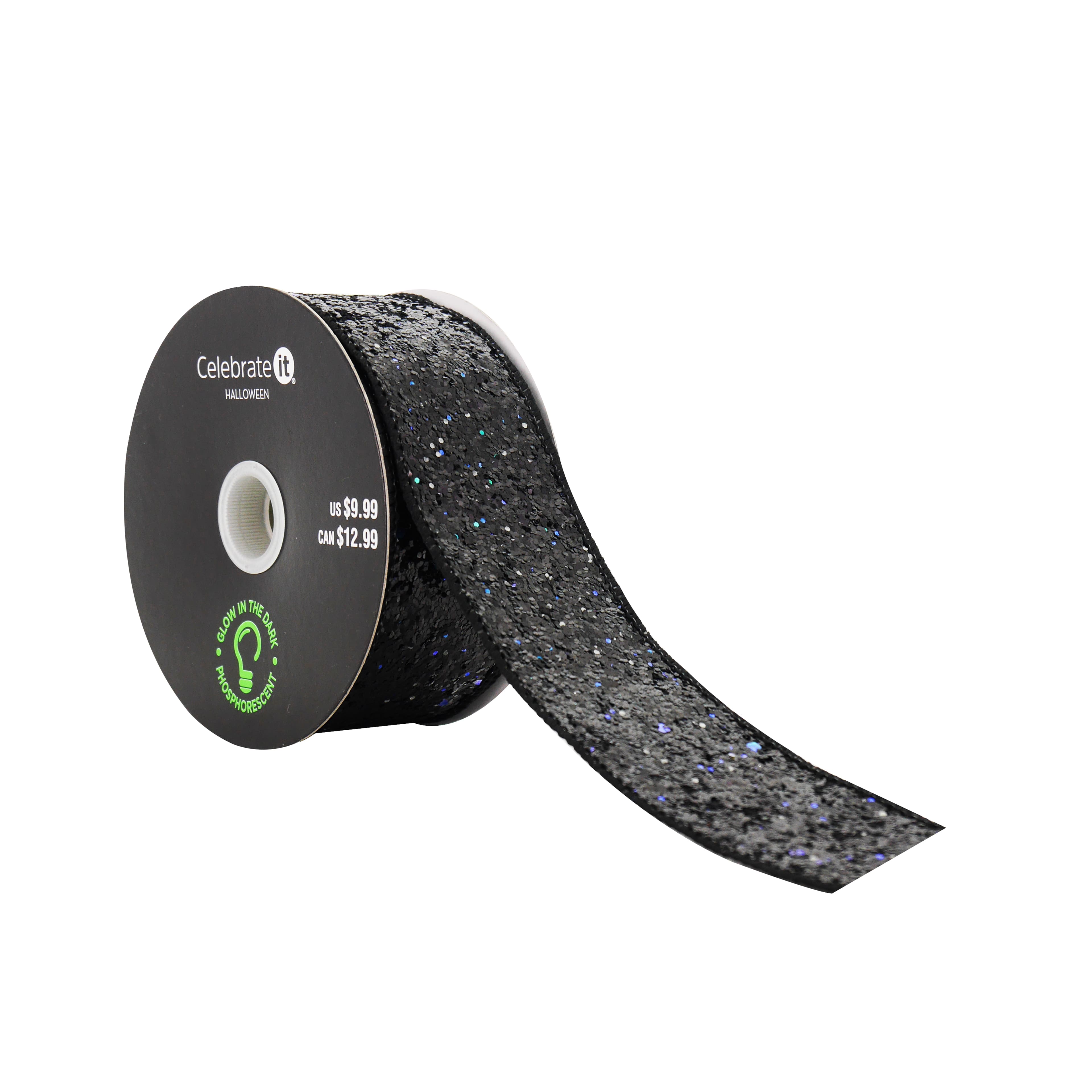 1.5&#x22; x 10yd. Black Glitter Wired Taffeta Ribbon by Celebrate It&#xAE; Halloween
