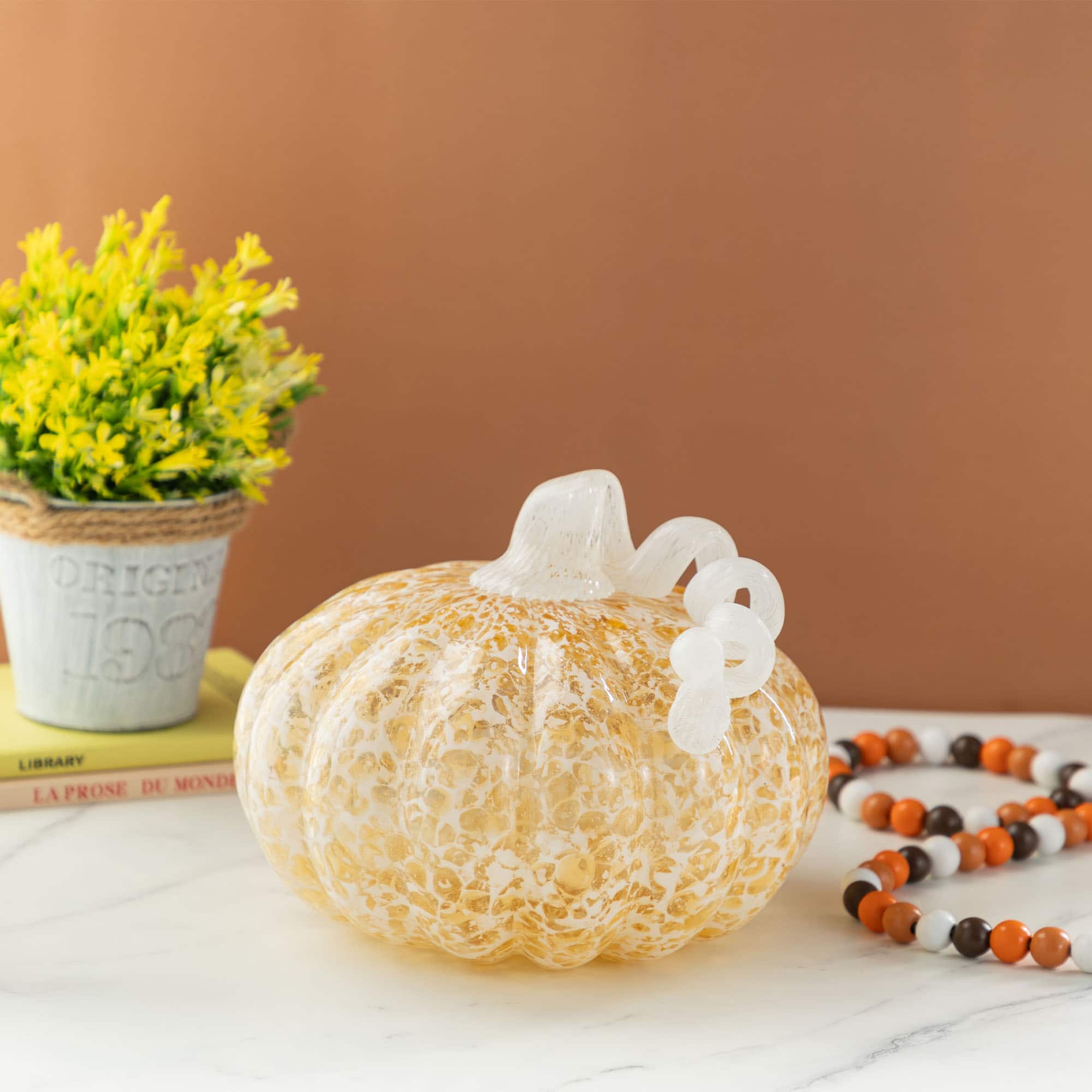 Glitzhome&#xAE; Amber Dots Fall Pumpkin Glass Tabletop Accent