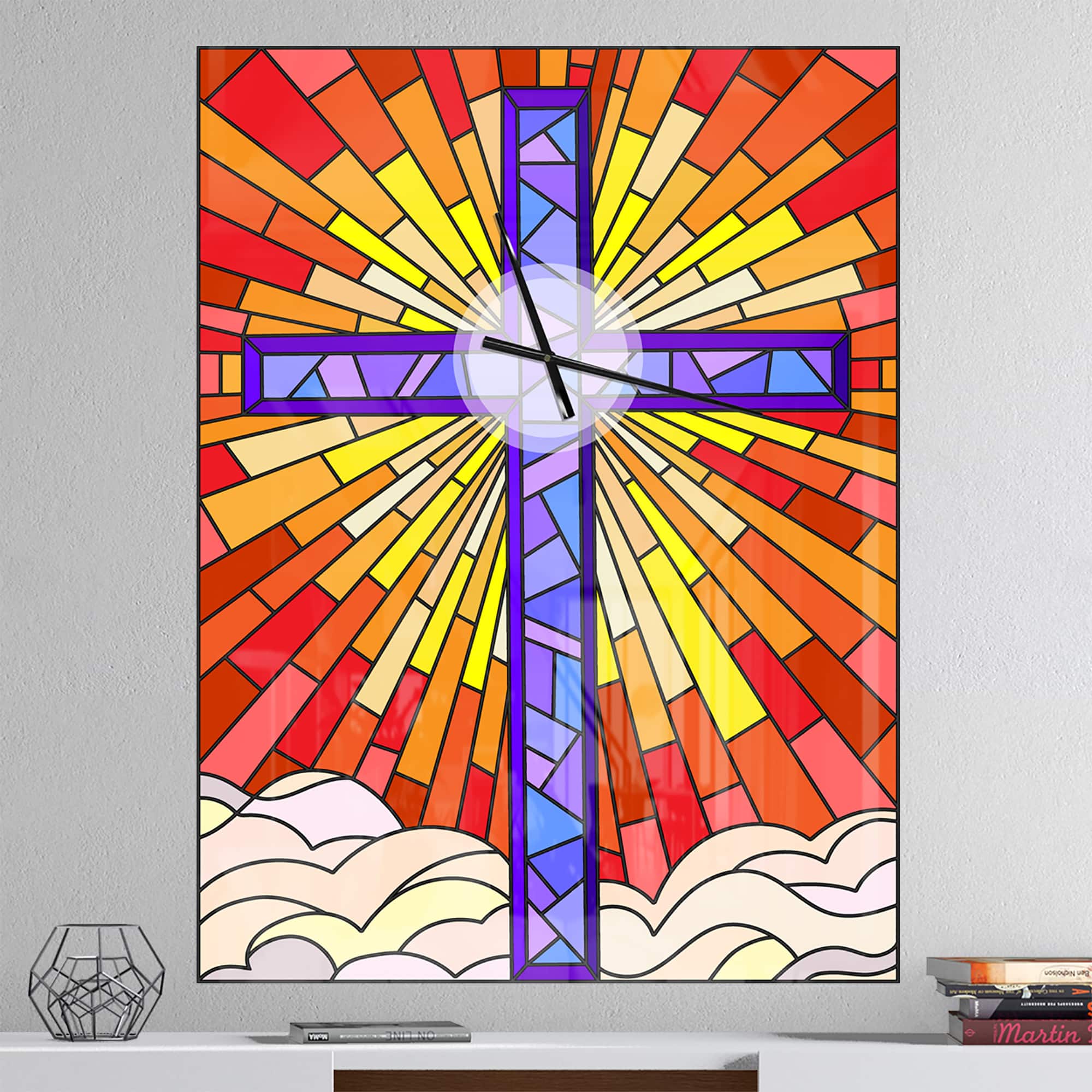 Designart 'Holy Cross Stained Glass Style Rustic Rectangular Wall Clock