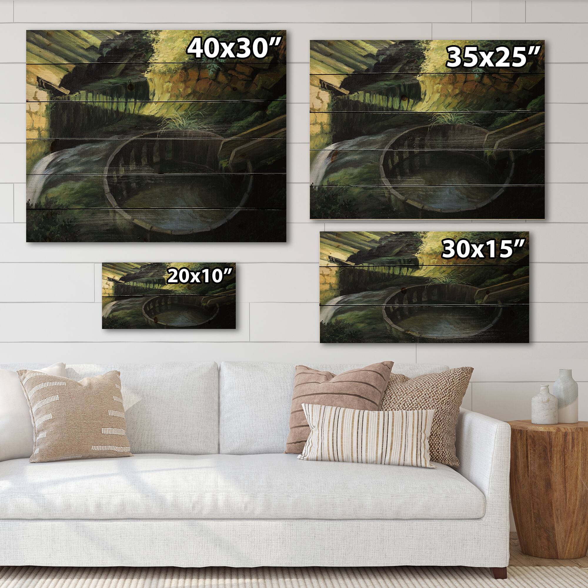 Designart - Old Watermill In Nature Landscape - Lake House Print on Natural Pine Wood