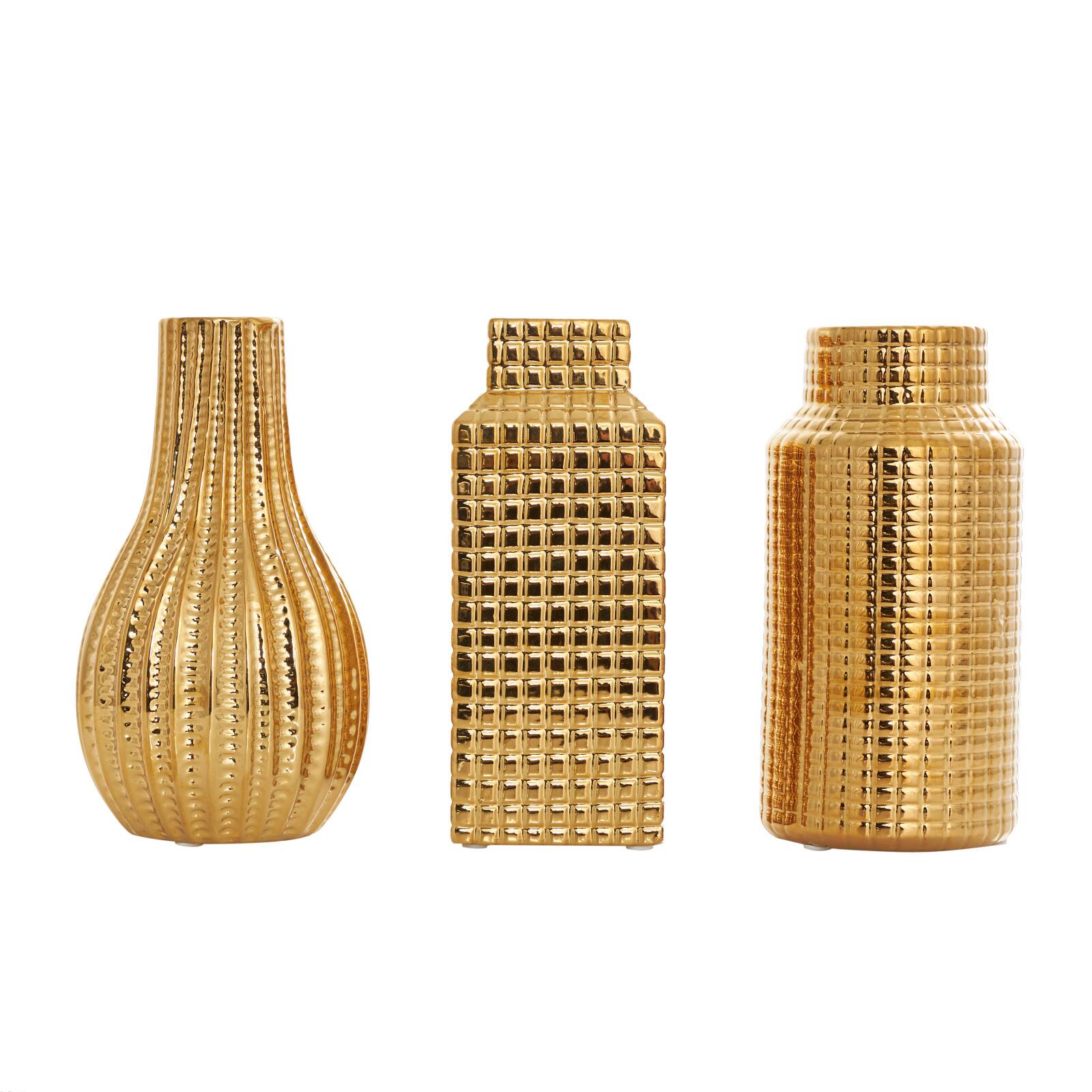 8" Gold Ceramic Geometric Dimensional Textured Vase Set with Grid Patterns