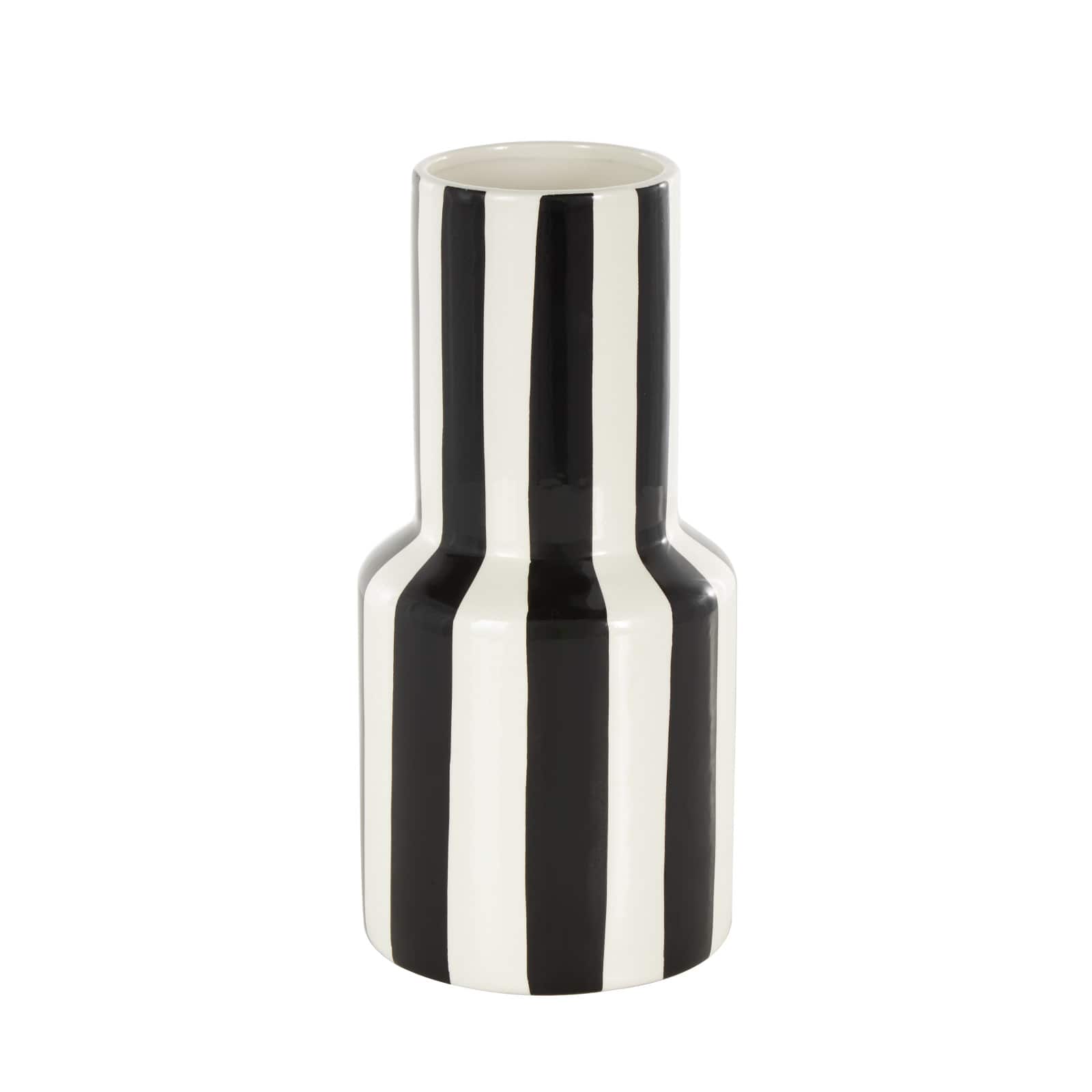 11" White & Black Stripes Round Wide Ceramic Vase