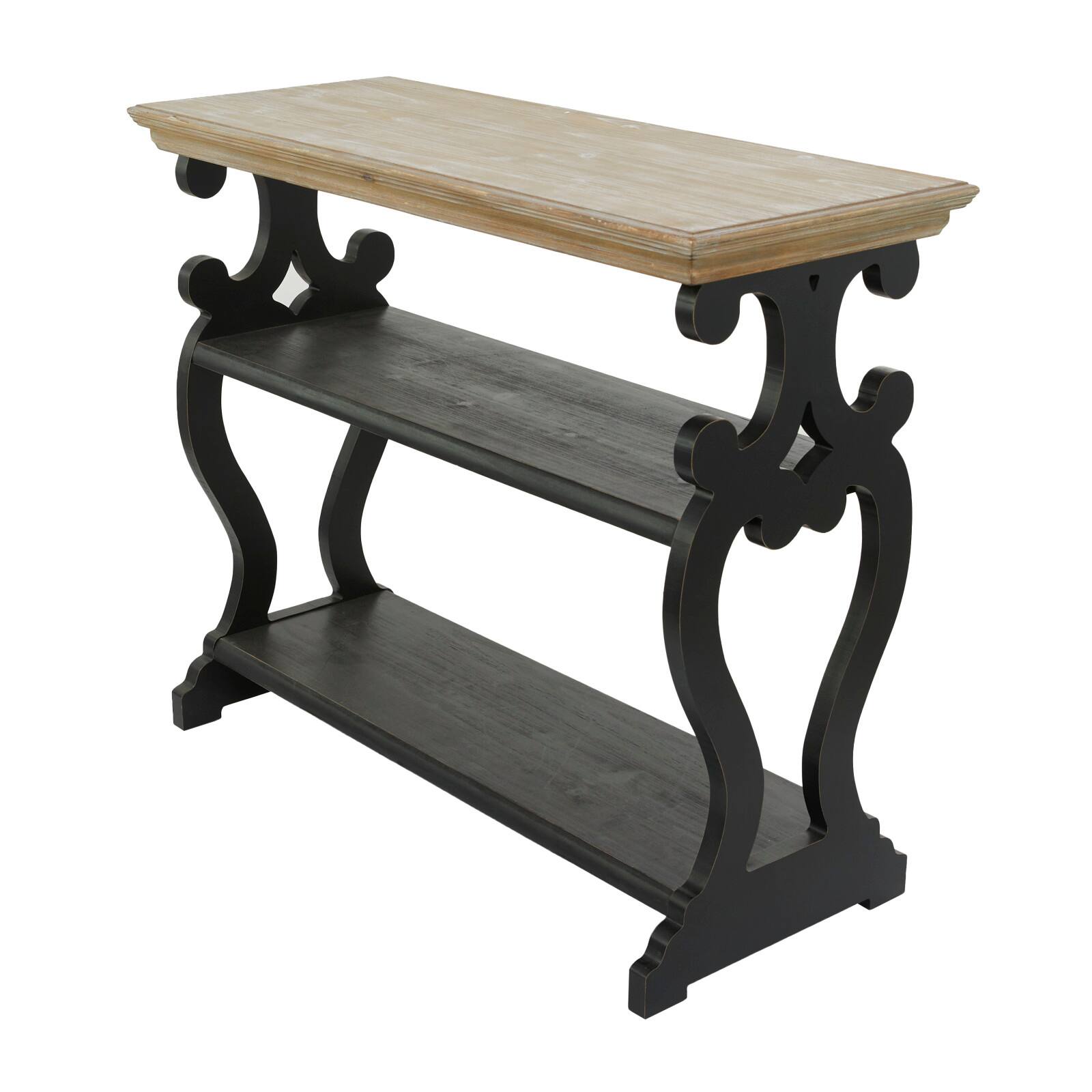 Black Wood Scroll Side Frames 2 Shelves Console Table with Brown Wood Top 38&#x22; x 15&#x22; x 32&#x22;