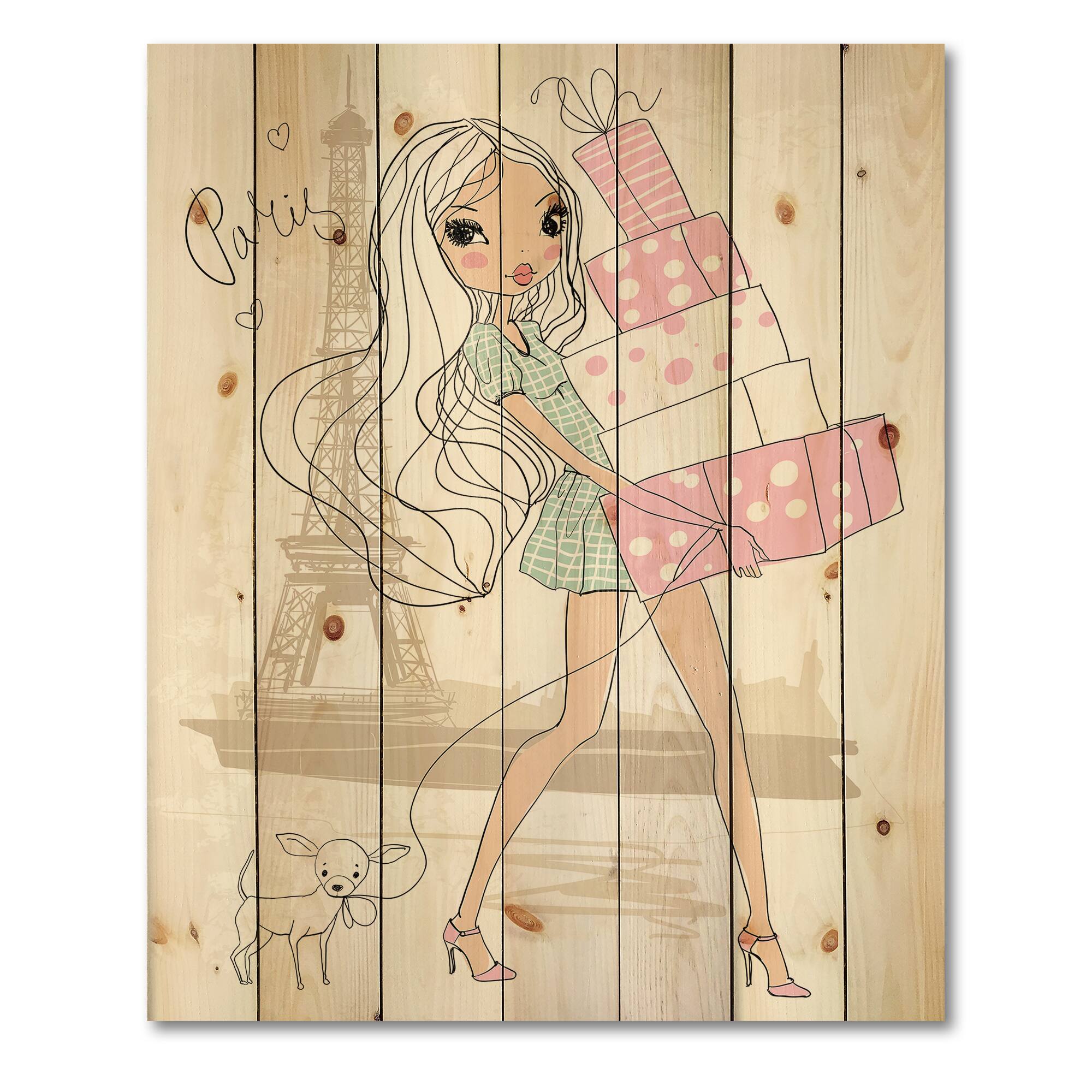 Designart - Young Girl With Shopping Boxes In Paris - Shabby Chic Print on Natural Pine Wood