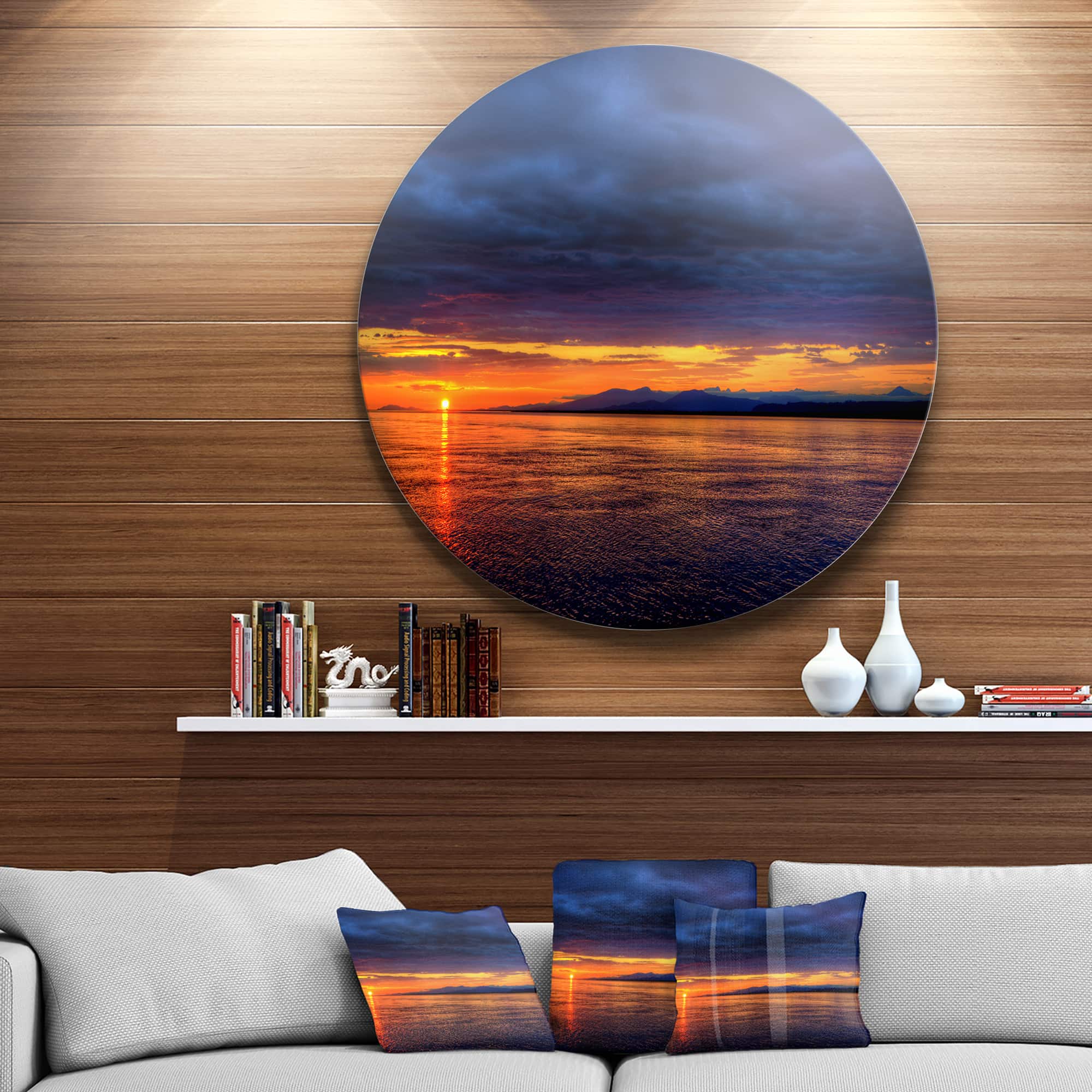Designart - Blue Cloudy Sky and Setting Sun&#x27; Seashore Photo Metal Circle Wall Art