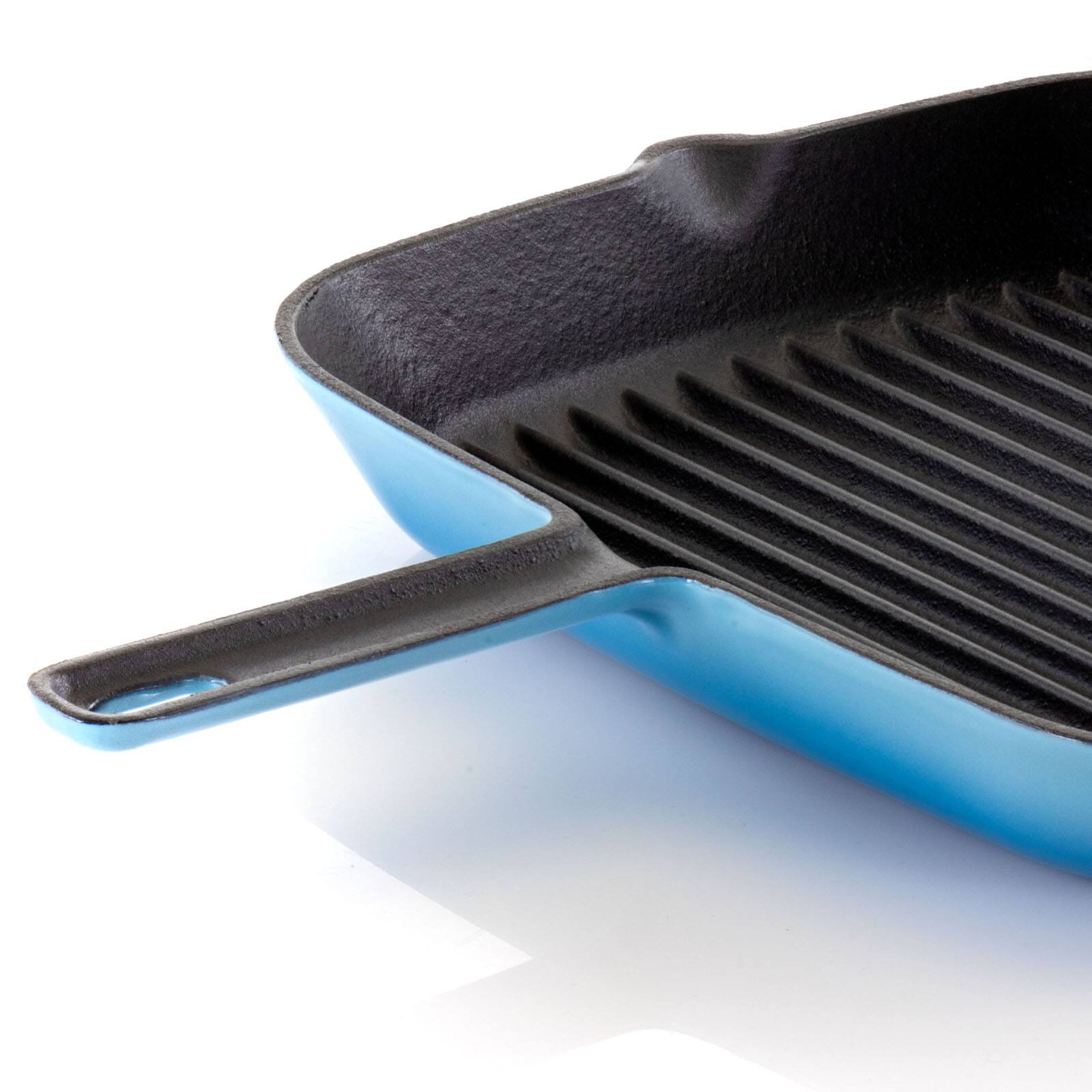 MegaChef 11" Square Blue Enamel Cast Iron Grill Pan with Matching Grill Press