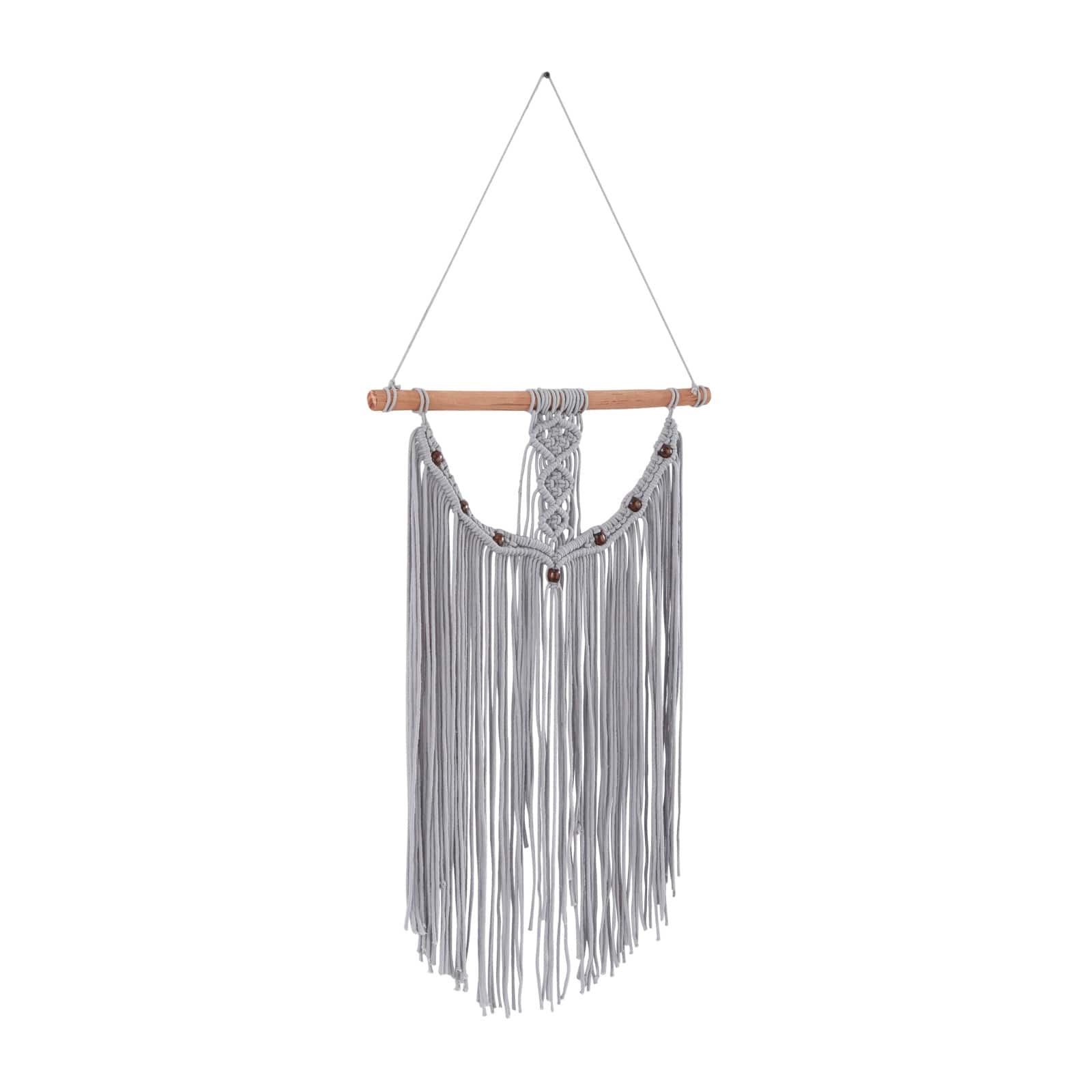 Gray Cotton Intricately Weaved Macrame Wall Decor with Beaded Fringe Tassels 20&#x22; x 1&#x22; x 44&#x22;