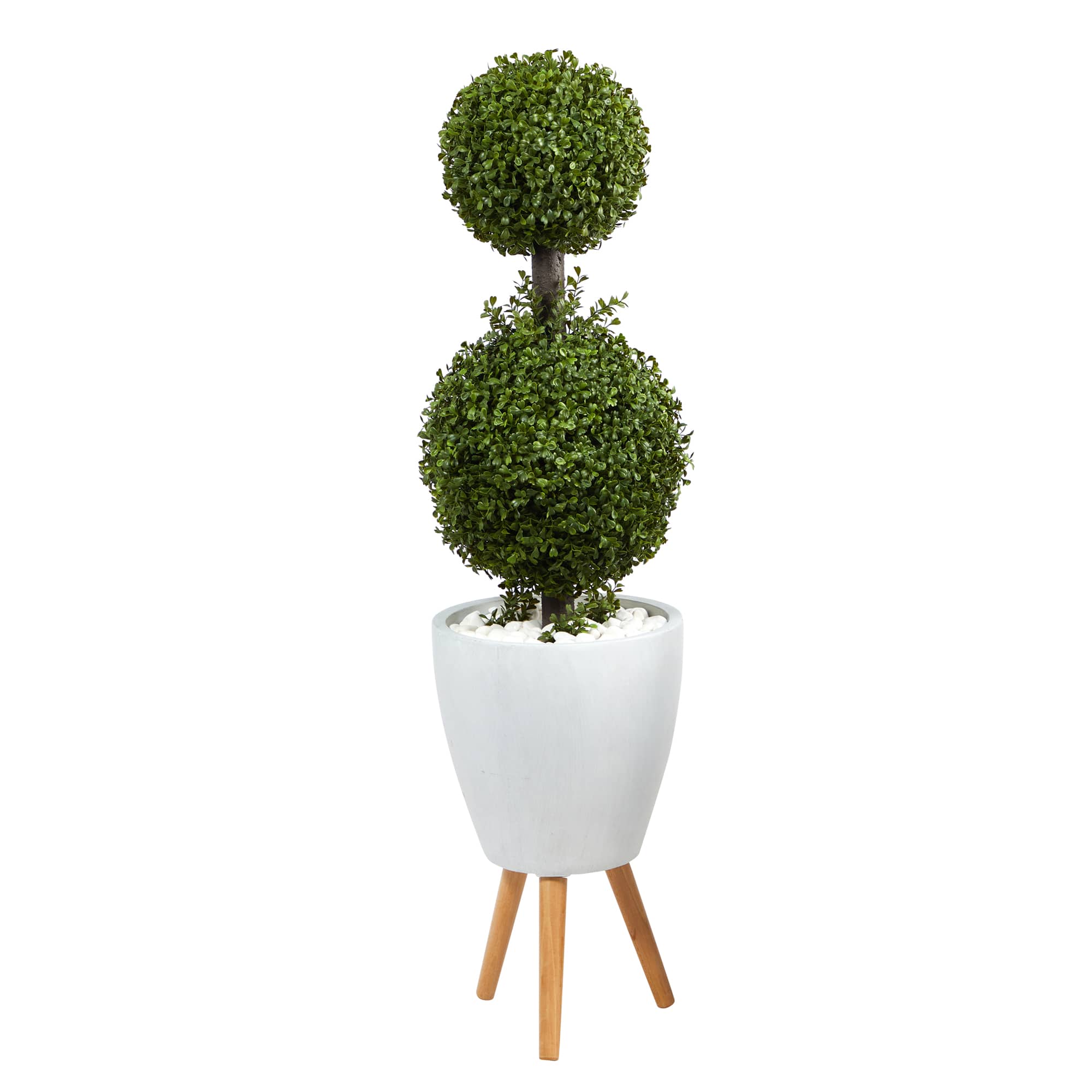 4ft. Double Boxwood Topiary Tree in White Planter with Stand