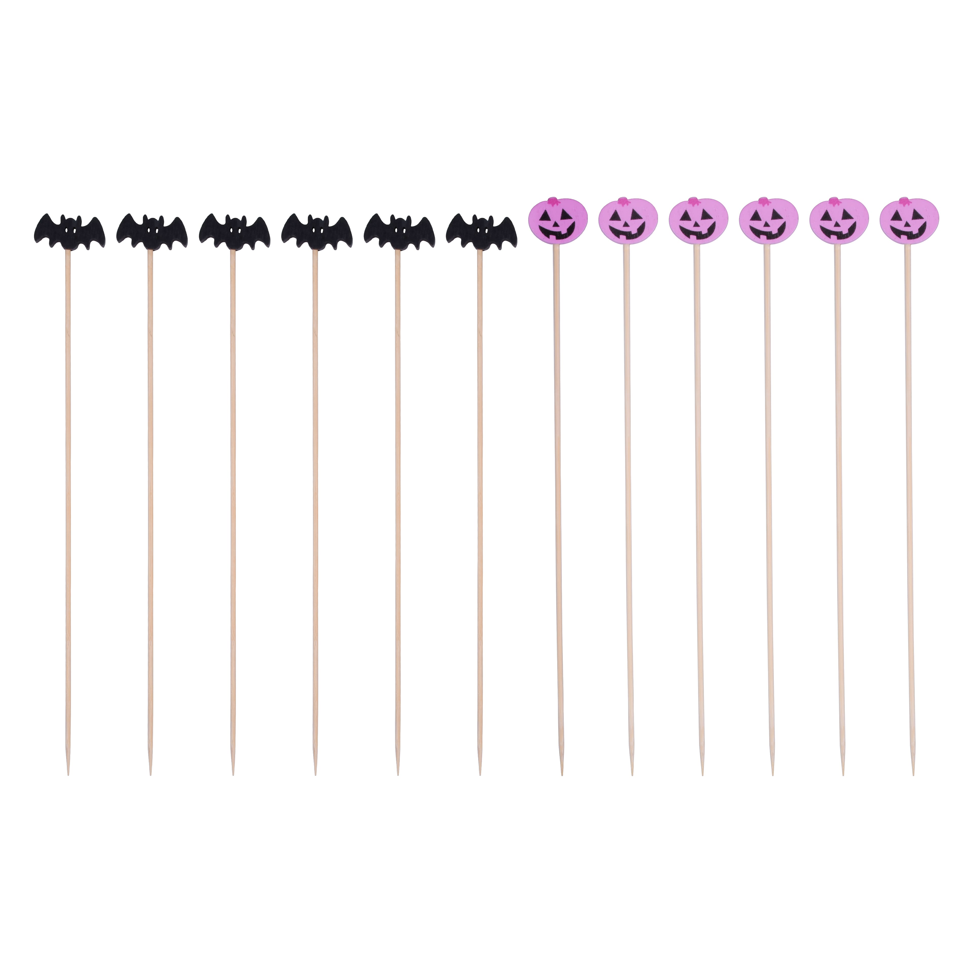 7&#x22; Black Bat &#x26; Pink Jack-o&#x27;-Lantern Wood Skewers, 12ct. by Makery&#x2122;