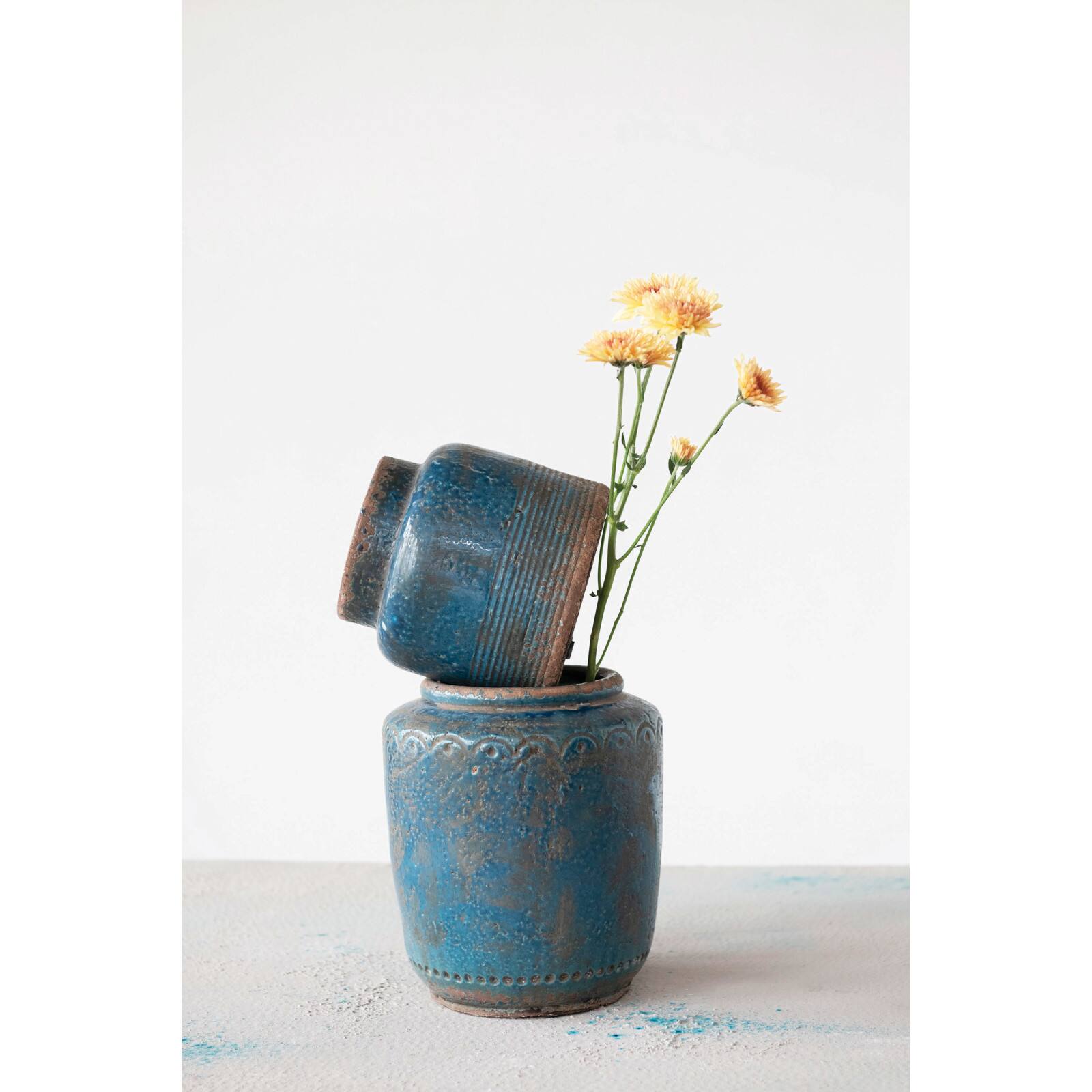 Hello Honey® 9" Distressed Blue Debossed Terracotta Vase