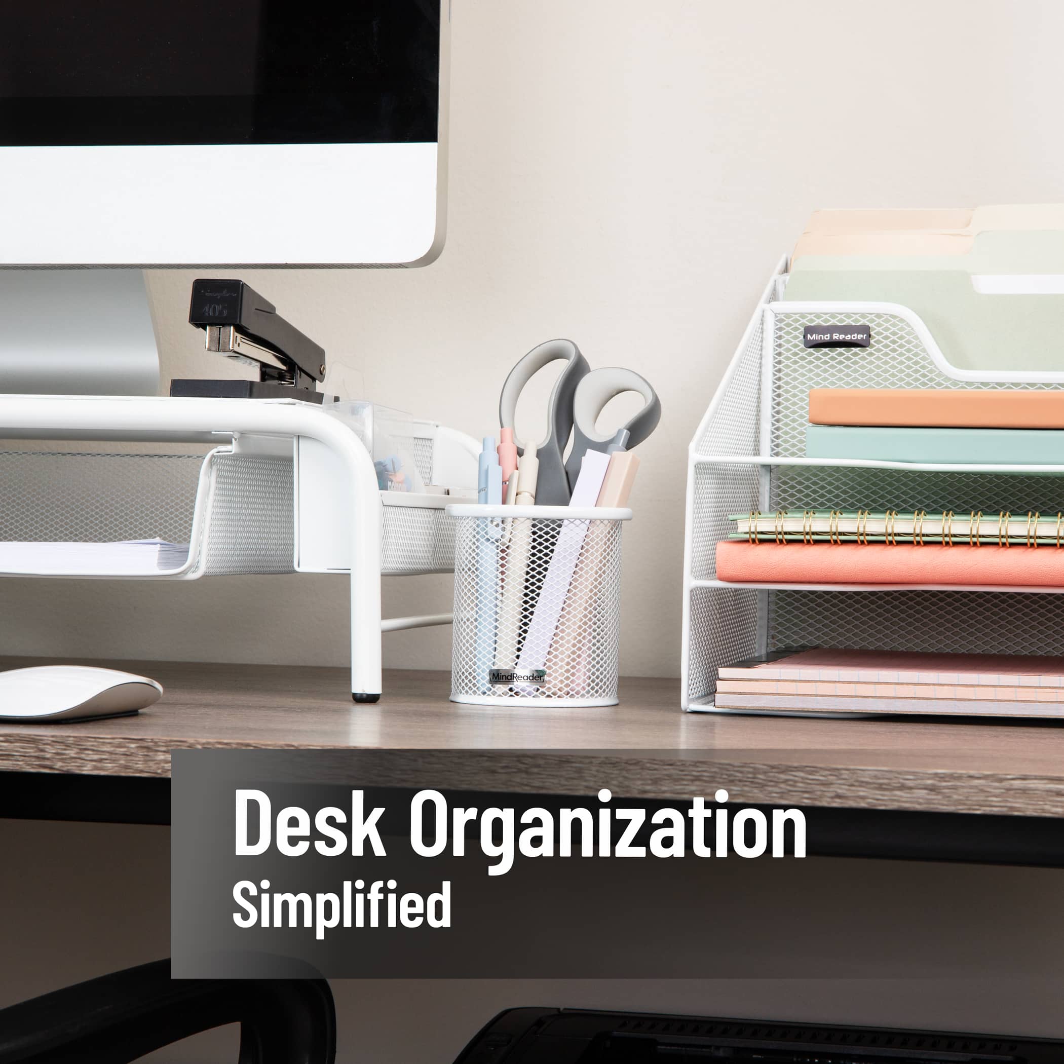 Mind Reader Pen and Accessories Holder, Desktop Organizer, Office, Metal Mesh, Set of 3, White