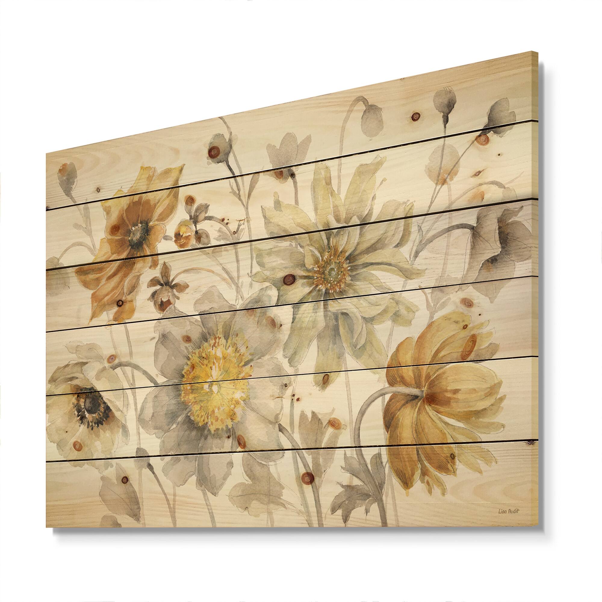 Designart - Fields of Gold Watercolor Flower VII - Traditional Print on Natural Pine Wood