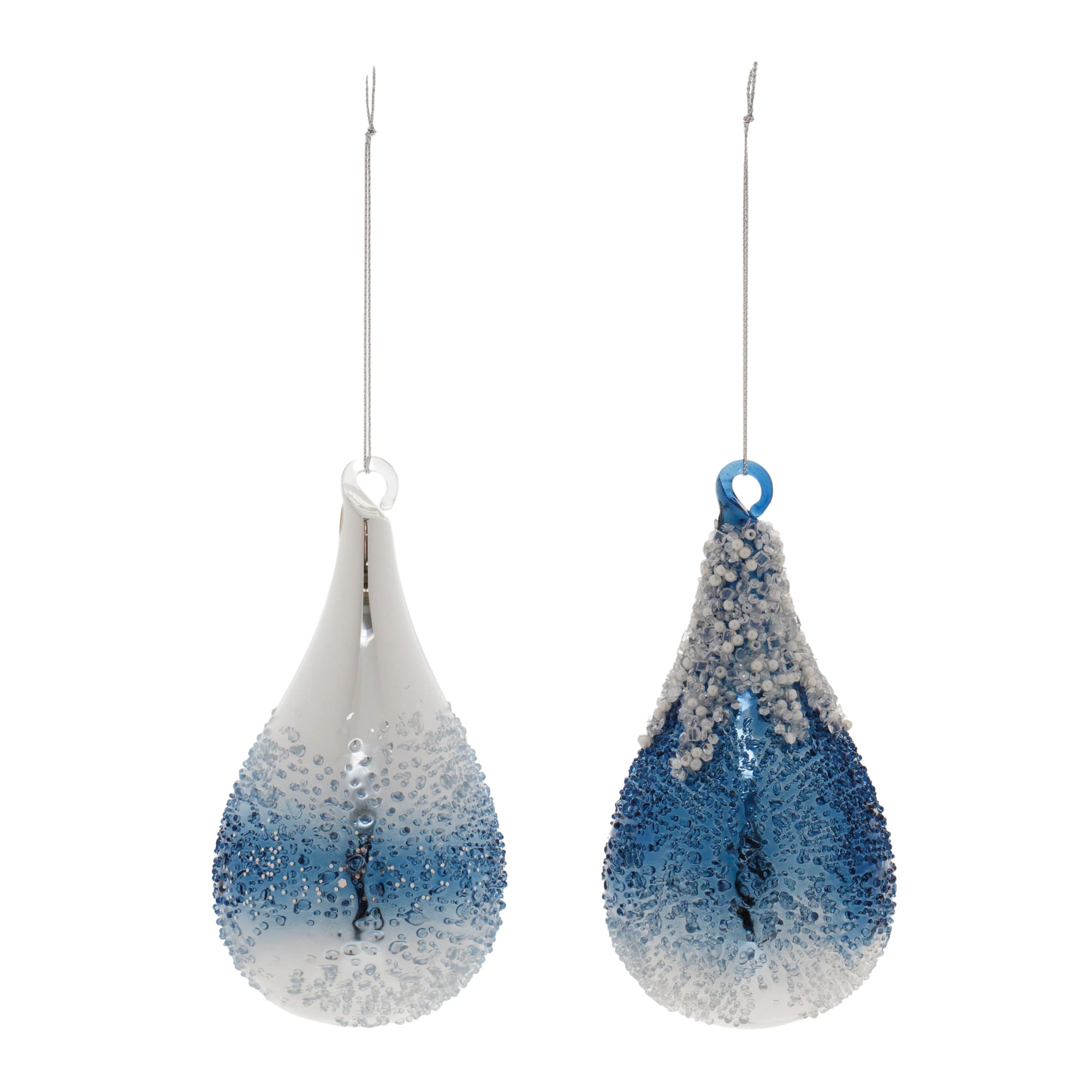 6&#x22; Navy Beaded Glass Teardrop Ornaments Set
