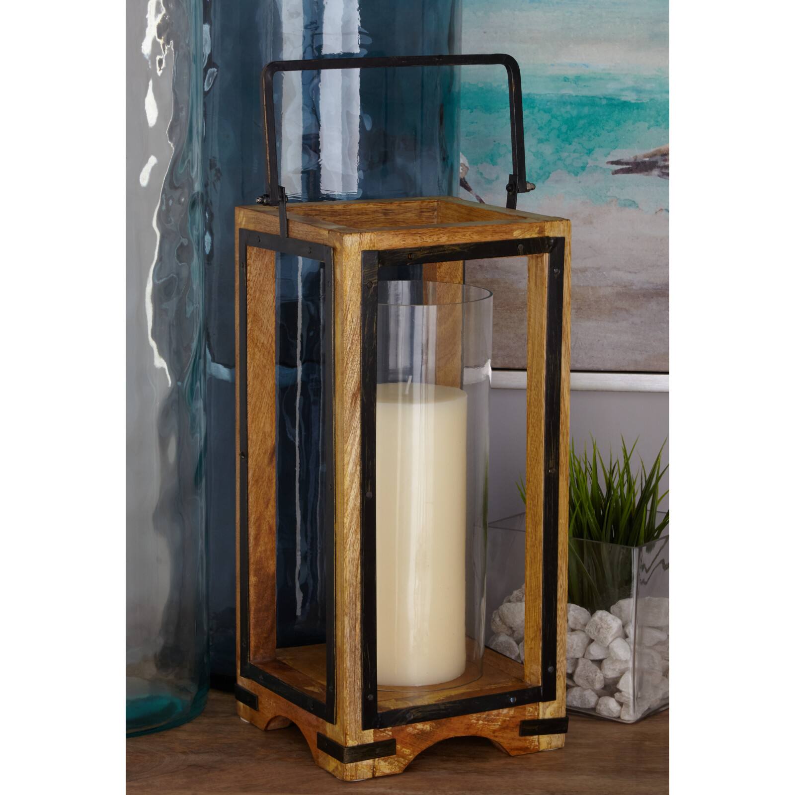 Natural Brown Mango Wood Traditional Candle Holder Lantern, 22&#x22; x 8&#x22; x 8&#x22;