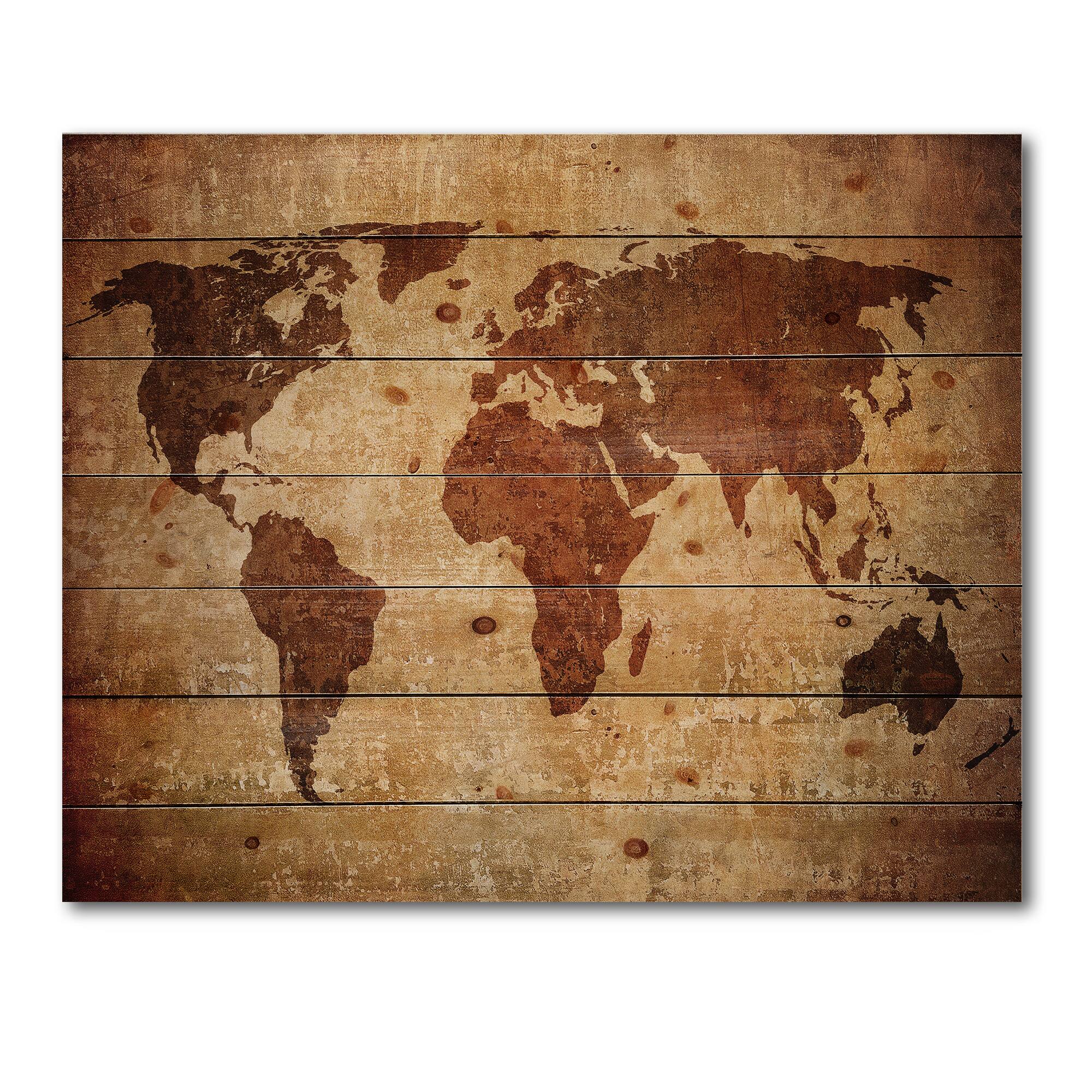 Designart - Ancient Map of The World XI - Vintage Print on Natural Pine Wood