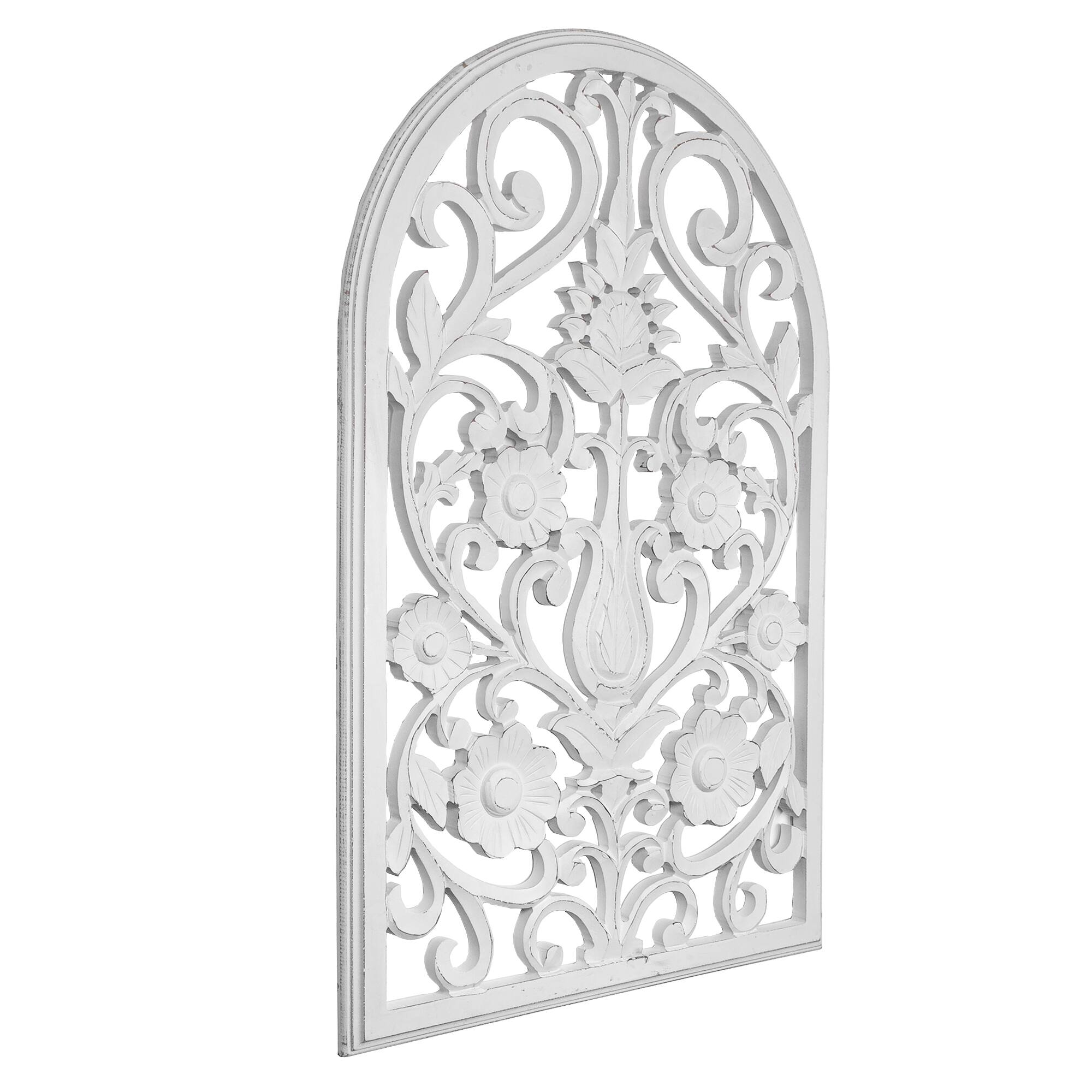 American Art Décor™ 36" White Hand-Carved Arched Windowpane Floral Wood Panel Wall Décor