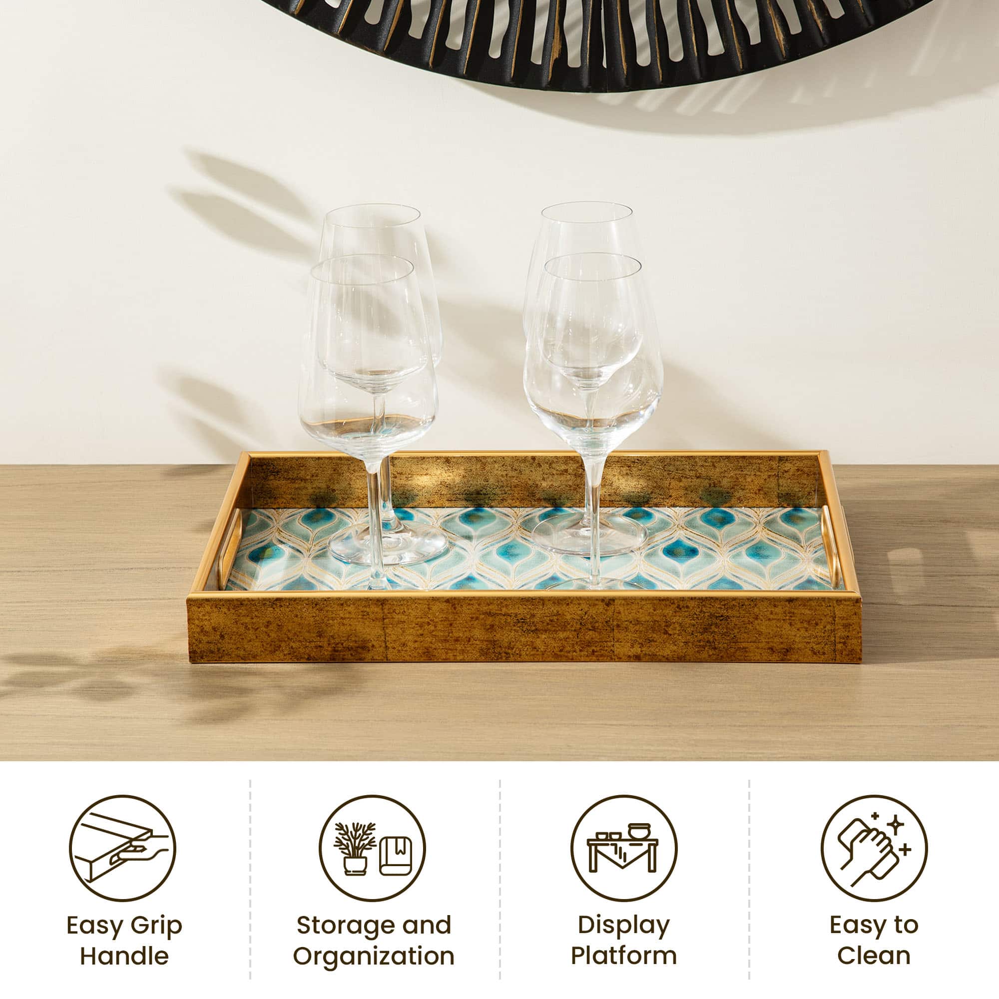 Glitzhome&#xAE; Rectangle Peacock Feathers Patterned Decorative Trays Set