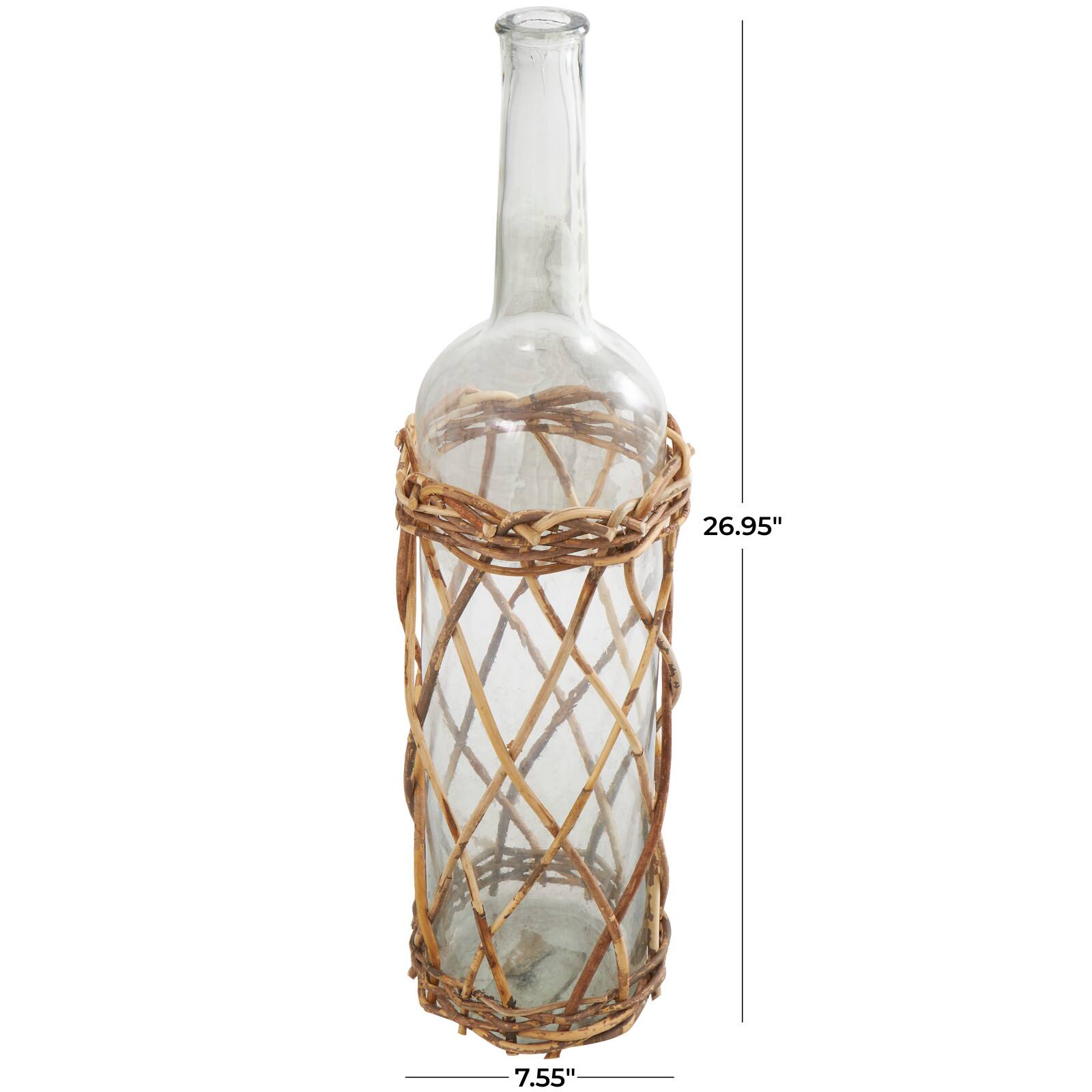 27" Clear Glass Handmade Tall Vase with Brown Rattan Woven Lower Body