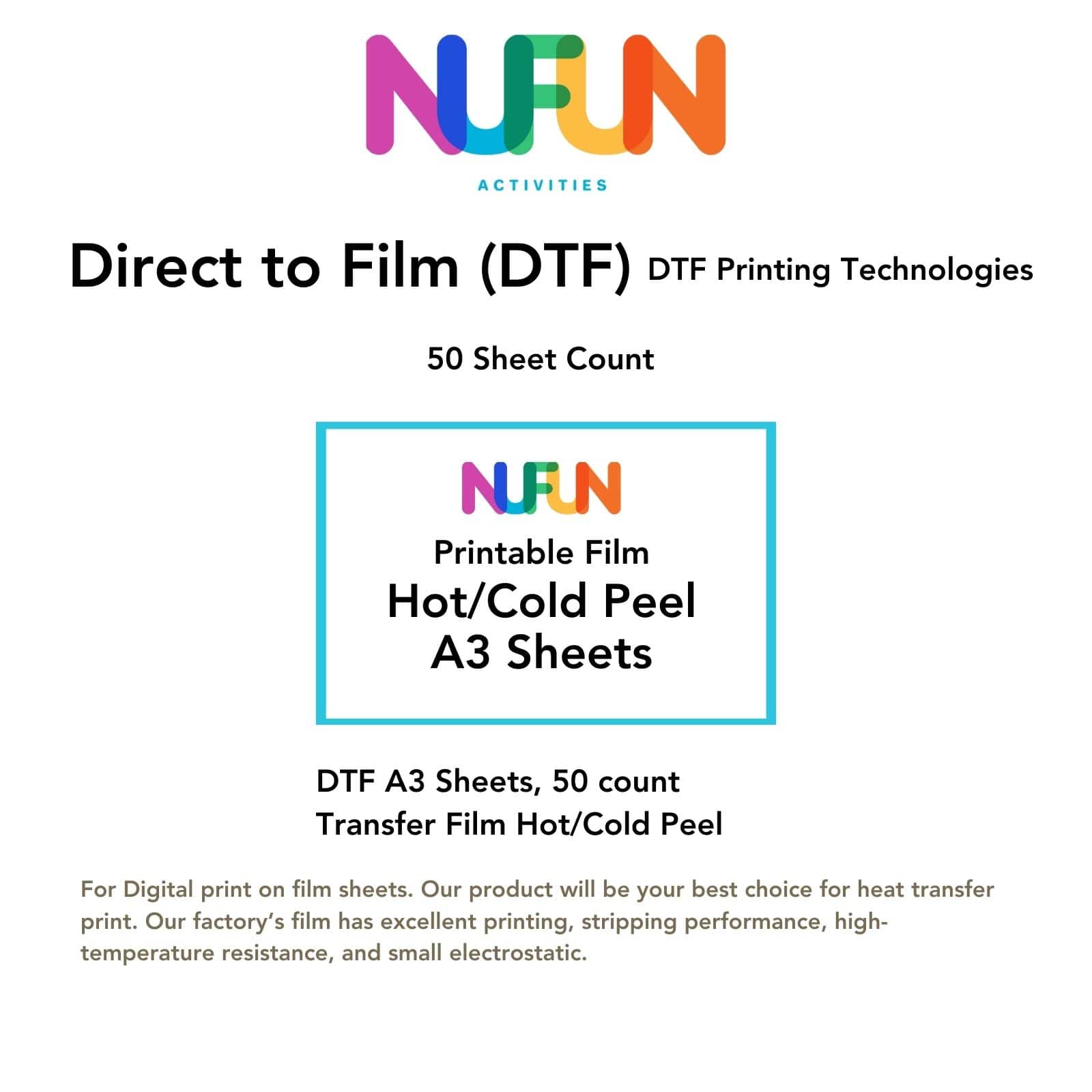 NuFun Activities 11.7&#x22; x 16.5&#x22; DTF Transfer Film, 50 Sheets