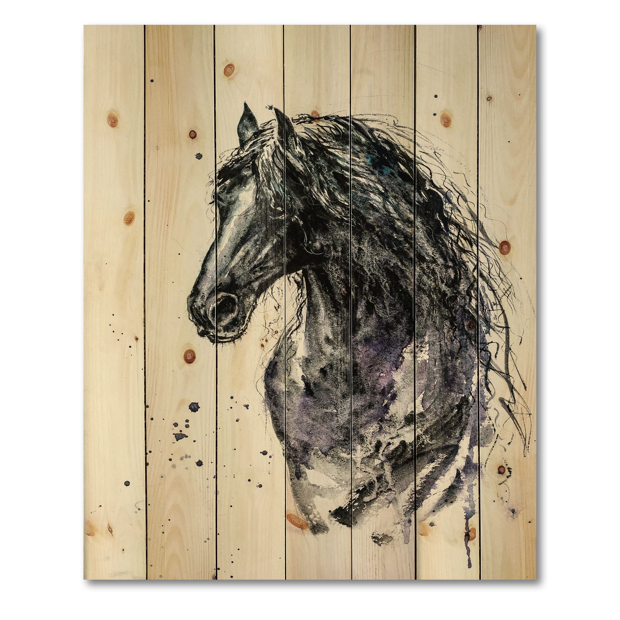 Designart - Portrait of Friesian Horse With Long Manes - Farmhouse Print on Natural Pine Wood